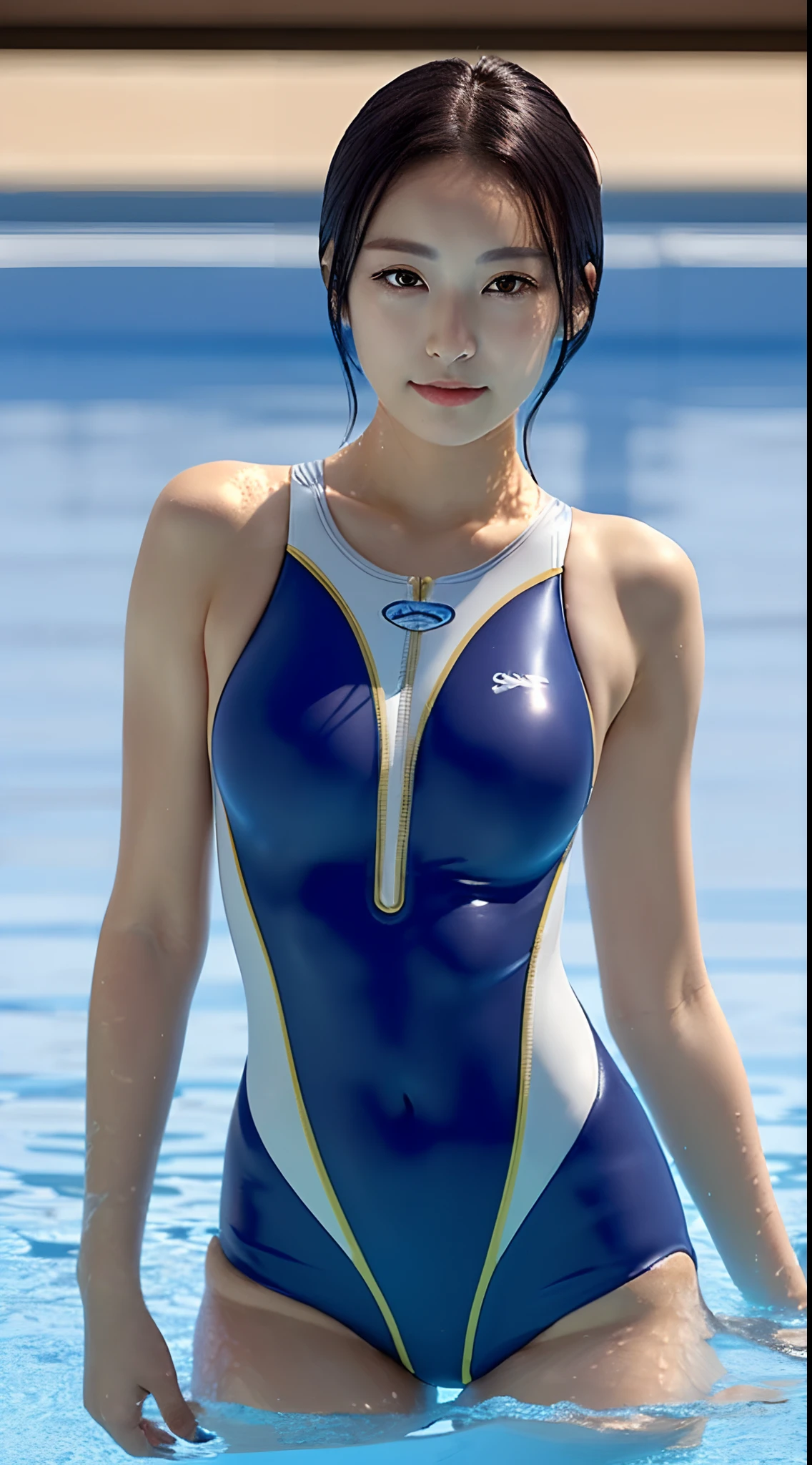 in 8K、超A high resolution、Best Quality、masutepiece、The ultra -The high-definition(quite massive chest、big butts:1.2)(Hide all breasts and belly、Azul's pretty high-leg swim racing suit、onepiece swimsuit:1.2)(Scenic beaches 1.18)、(Young Japan woman with dark hair、Toned body、long legged、Realistic face、Big dark eyes、slightly drooping eyes、Crisp double eyelids、a small face、ighly detailed:1.1)shinny skin