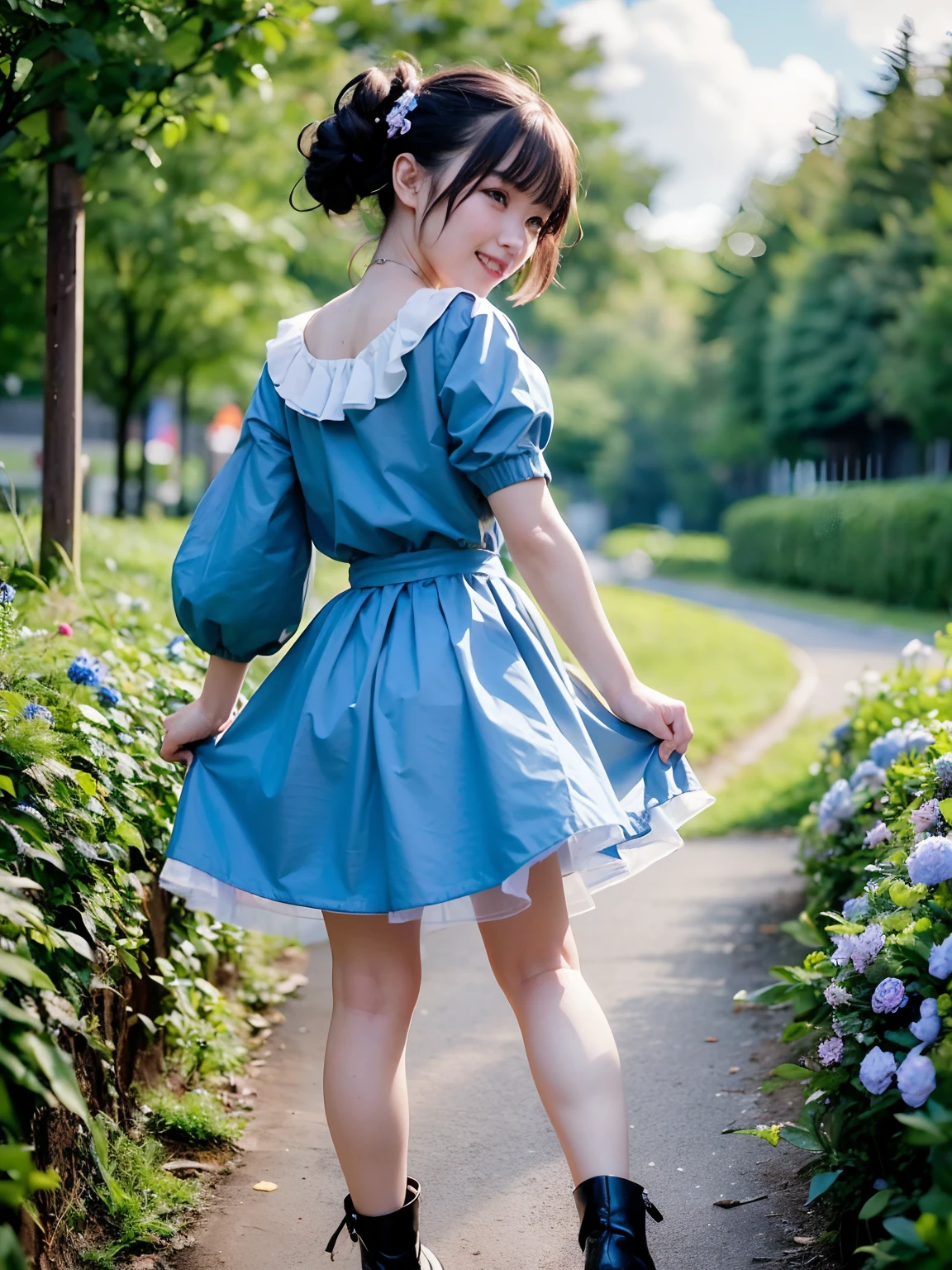 (dynamicposes:1.4), (dynamic ungle:1.4), Romper (细致背景:1.4)、hyper detailed background、(Floating light blue clouds:1.4)、(Floating blue flowers:1.4)、 Romper (perfect anatomia、perfect hand:1.4)、(Perfect five fingers:1.4)、(Perfect 4 long fingers and perfect short thumb:1.4)、(Thumb shorter than the other 4 fingers:1.4)、(Perfect two arms:1.4)、(Perfect two legs:1.4)、((top-quality、8K、masterpiece:1.3))、1girl in、A smile、full body Esbian、Slim Faces、Pretty women、(dark brown hair)、hyperdetailed face、A detailed eye、二重まぶた、blured background、Slim Faces、Cute、extremely delicate and beautiful girl、Happy smiling face、Overall、ultra-detailliert、masutepiece、small mouth、Colossal tits、maid clothes、bob cuts、long boots、ultra-detailliert、masutepiece、Smile、small mouth、low angles、(pantyshot:1.1)、(skirt rift)、(skirt lift by yourself)、from back view、Look back with a sideways glance