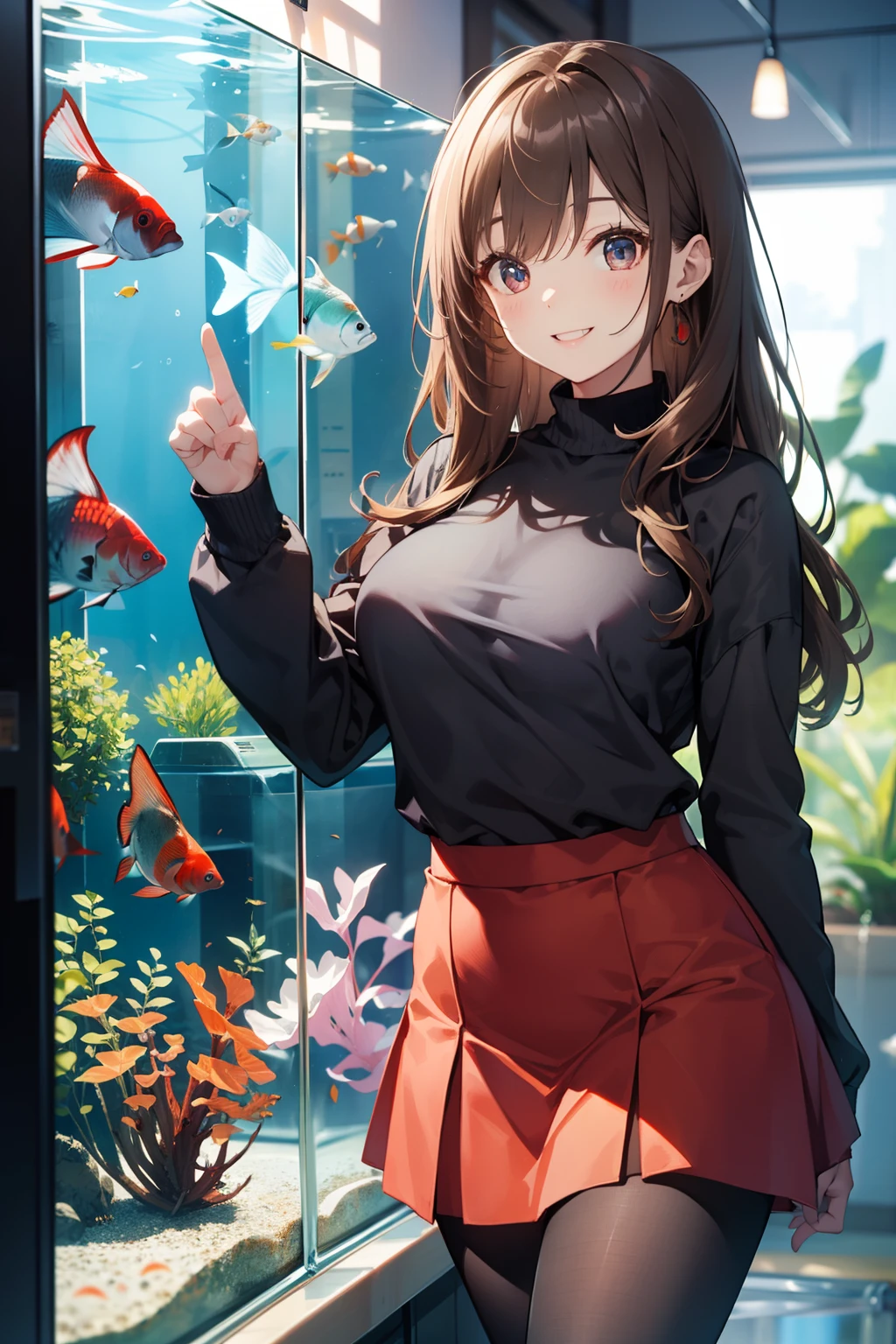 top-quality、Full limbs、complete fingers、Slender beauty、straight haired、Brown hair、(Black Long Sleeve Knit Top)、(Red Mini Flared Skirt)、Brown pantyhose、Beautiful Large Breasts、aquariums、Huge aquarium、Inside the aquarium、School of fish in the aquarium、Watching fish、A big smile