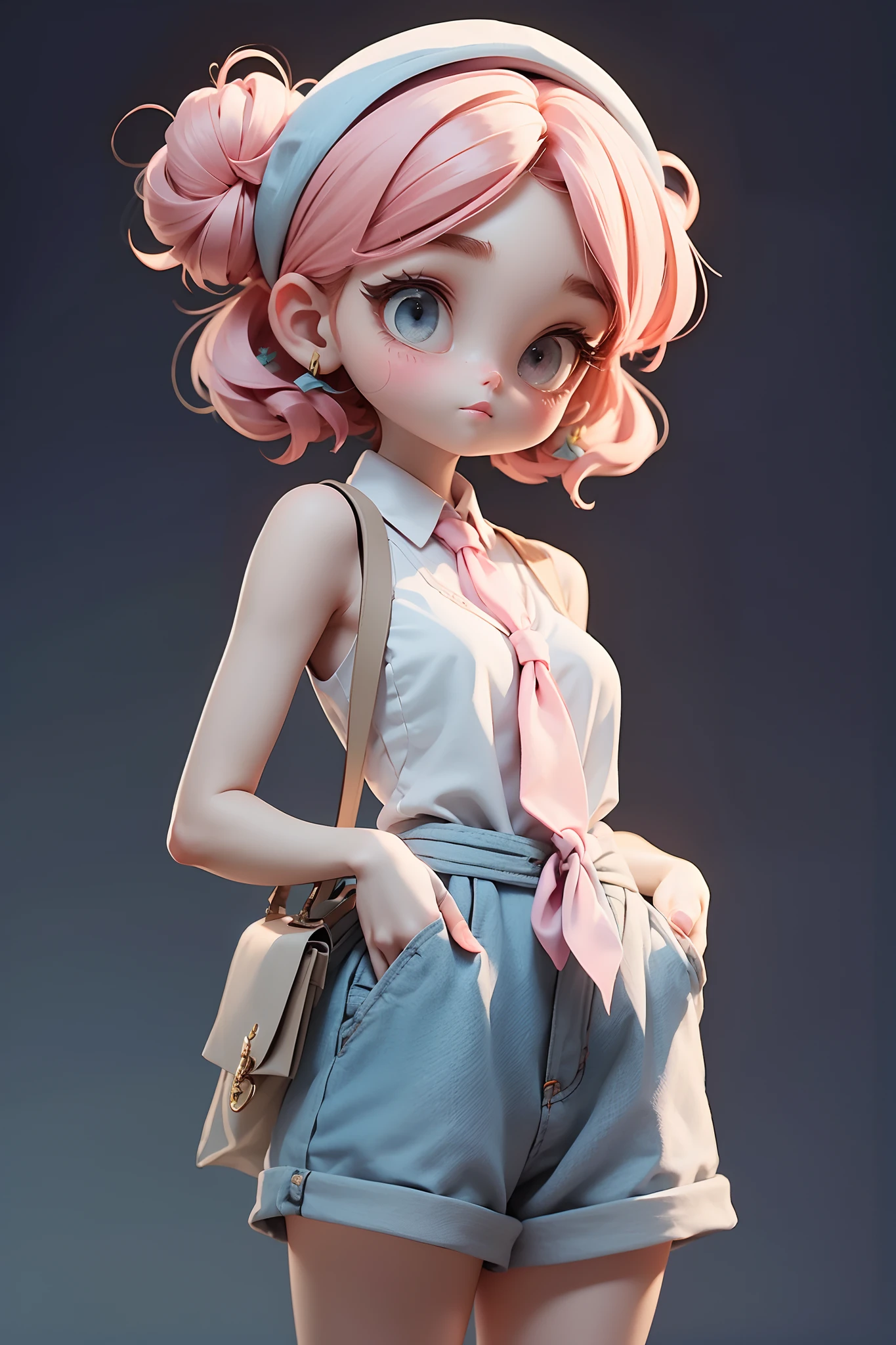 (masterpiece, best quality), 1girl, Pale pink Messy Top Knot with Ribbon Tie, tiny breasts, Dark blue High-neck sleeveless tank top with a flowy silhouette. and Cropped paperbag shorts with a linen fabric, bare, Standing with hands in pockets, gazing at a distant point with curiosity.