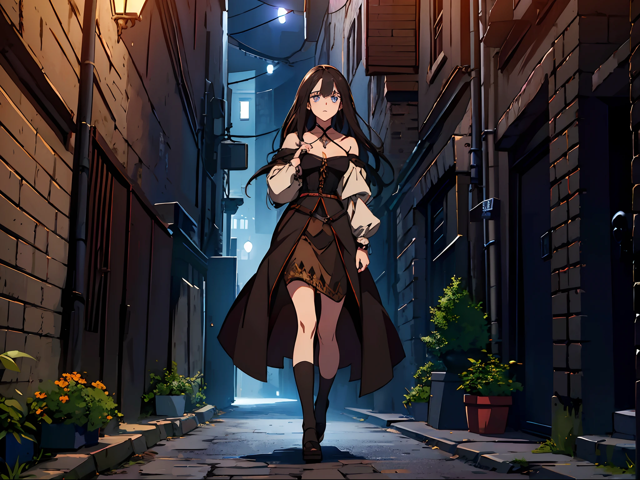 village girl, medieval era, long black hair, dark blue eyes, 18 years old, cute face, medium breasts, brown skirt, white blouse, exposed shoulders, beautiful, tall body, (((A young girl lost in an alley way))), (((scared, confused))), (((alley way, dark road))), (((night time))), (((medieval era, ancient era))), (((full body view))), (((isolated, darkness, midnight)))