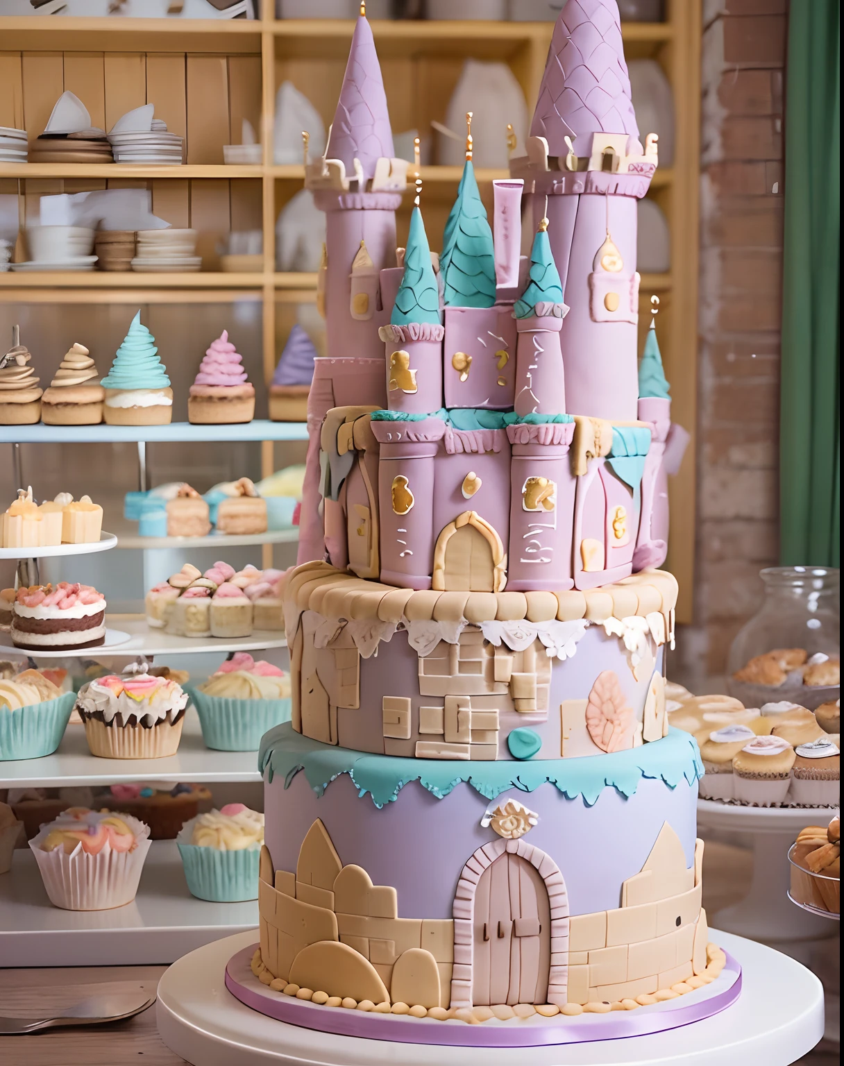 A detailed cake with castle shape, cute, Pastel colors, In a bakery, (cake:1.3), masterpiece, best quality, beautiful slim girl, wearing an apron, small waist, wide hips, beautiful girl, chyler Leigh