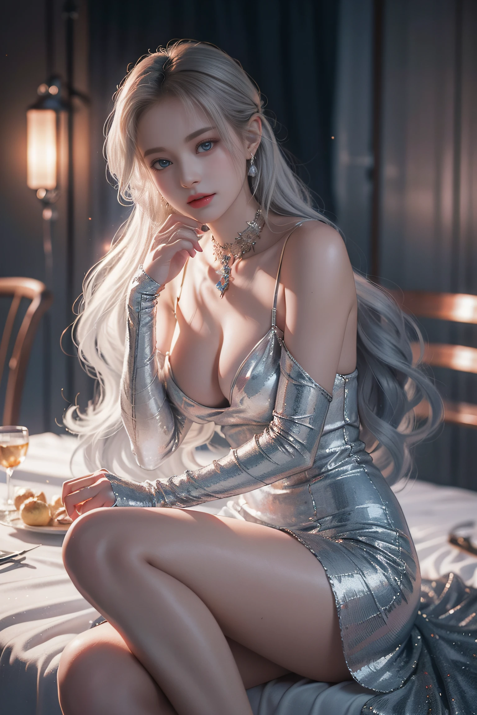 Top quality work,Photorealistic works,Ultra Premium Graphics,8K HD CG works,High-quality graphics,High-definition fine CG works,10x pixel,Ultra-fine details:1.1,Advanced technical details:1.1Photographically realistic,Indoor lighting effects:1.5,Natural light:1.5. light effect(Virtual Light Effects:1.8),超A high resolution,Shiny Blue Dress,Long silver hair,Silver hair,Transparent hair,High Detail Hair(Premium Hair Detail:1.1)Clear eyes,Good looking double eyelids,Sharp eye makeup, Delicate makeup for eyelashes, Thin eyebrows, ultradetailed eyes,High Nose, lovely red lips, Rose cheeks, Face with delicate makeup , Pretty Face, A perfectly proportioned face,(Advanced facial details:1.1)Collection of shiny blue luxury dresses,Blue Sequin Dresses,Sequin coat,shiny,Tight long skirt,Summer Sexy Hip Wrap Fishtail Sleeveless Commuter Maxi,Horse Stockings 100%Oil Gloss Panst Gloss Silk Luster 8D Black Silk Woman,stiletto heels,mitts,Beautiful long dresses,wonderful dress,Bright Red Series,Haute Couture Dresses Collection,Dress Photography,Authentic dress works,In the banquet hall,Women's Artwork,full-body view,Goddess of Dress,真实感,amazing,Today's eyes are bright