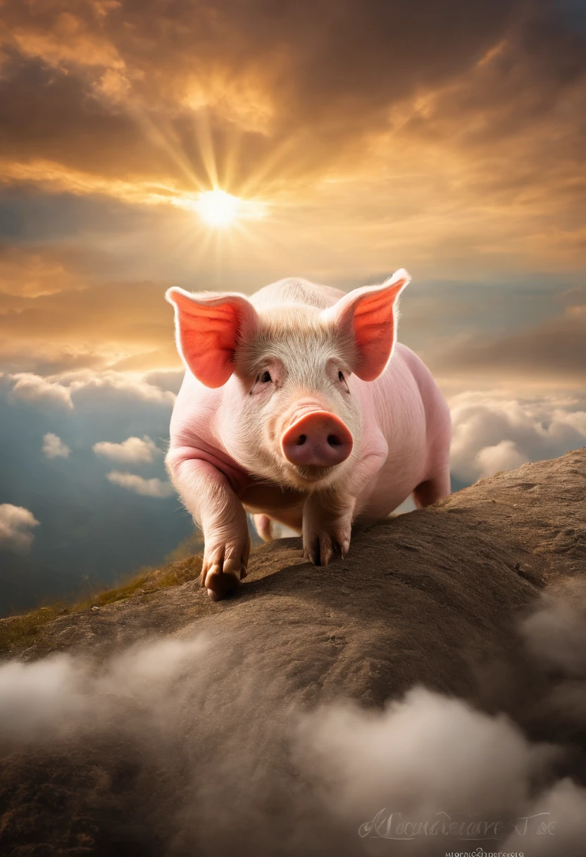 A pig flies in the sky,pigs ,clouds,Brilliant colors,Colorful,Wings,Young and energetic,Flying ham,Flying pigs ,Look up,Master composition,hyper HD, Masterpiece, Super detail, High details, High quality, Award-Awarded, Best quality, A high resolution, 8K