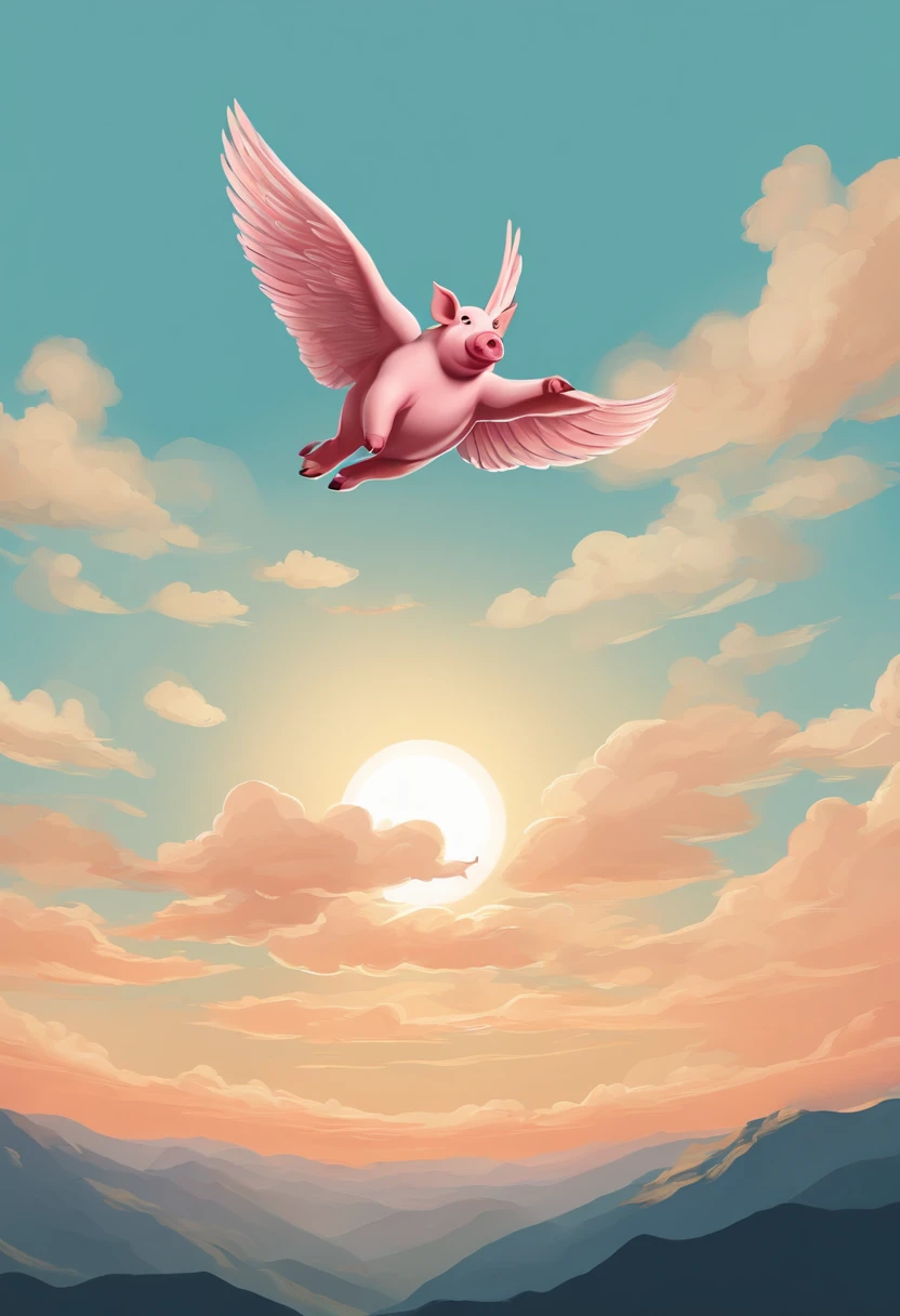 A pig flies in the sky,pigs ,​​clouds,Brilliant colors,Colorful,Wings,Young and energetic,Flying ham,Flying pigs ,Look up,Master composition,hyper HD, Masterpiece,  Super detail, High details, High quality, Award-Awarded, Best quality, A high resolution, 8K