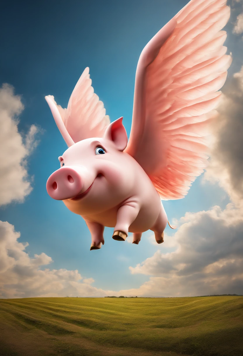 A pig flies in the sky,pigs ,​​clouds,Brilliant colors,Colorful,Wings,Young and energetic,Flying ham,Flying pigs ,Look up,Master composition,hyper HD, Masterpiece,  Super detail, High details, High quality, Award-Awarded, Best quality, A high resolution, 8K