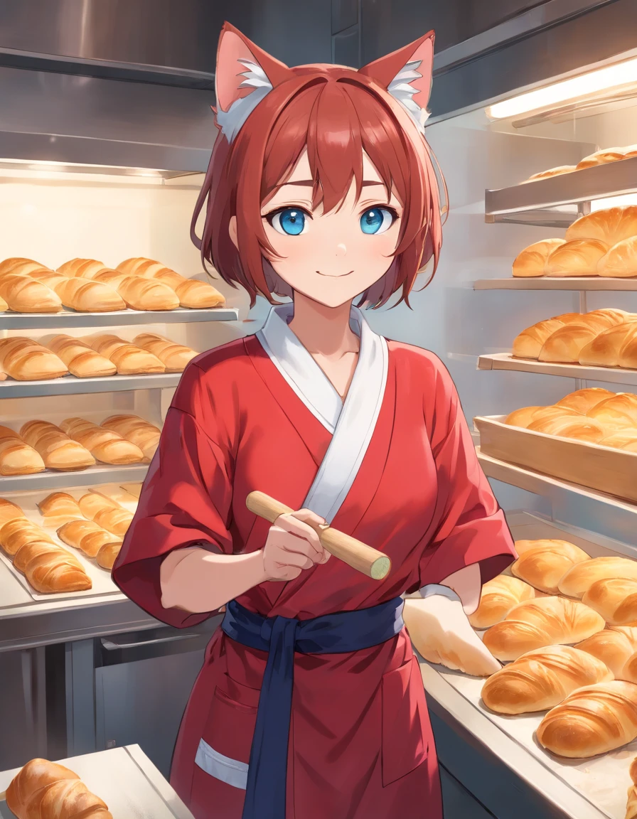 ((Cat's ears)),((Baseball hat)),((Wearing a bright red robe)),Black underwear,Clear blue eyes,A talented baker who meticulously forms the best dough for flaky pastries. The image is、Shows a well-equipped bakery with stainless steel countertops and a set of baking tools. Baker, Young man with radiant smile々Shishi Woman, Roll out the dough with a wooden rolling pin, Show off her expertise. The aroma of baked goods fills the air. In the background、Trays of golden croissants and delicately woven Danish pastries are chilled on racks. This photo is、Encapsulates the precision and skills required for the art of pastry making. photographed:Claire Ptak,