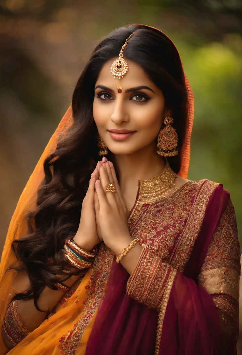 Beautiful ,23 years young girl,confident looking,8k,realistic,dark brown hair,fair skin, indian,long hair,clear facial features,clapping hands,saying namaste,wearing kurta and dupatta