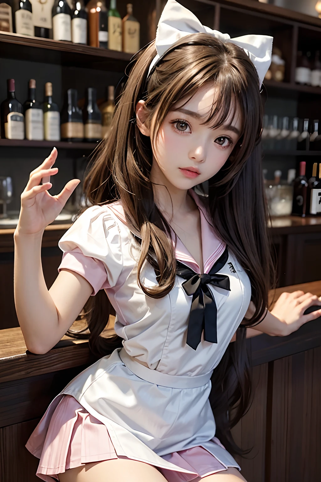 a bar counter,1girll,Twin-tailed,brown haired，Qi bangs，Curly,maid,Flying,White sailor suit and short skirt,pink bows,-yeld fee model,Side,