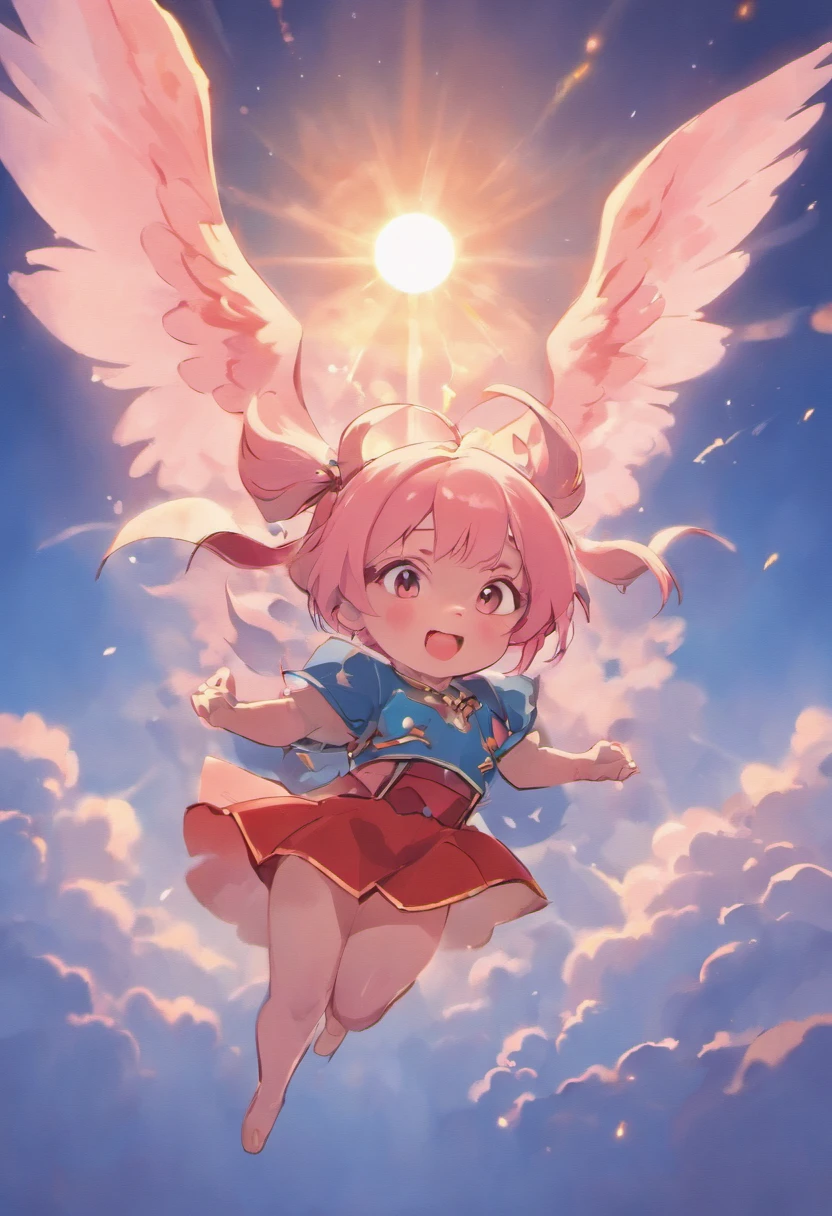 A pig flies in the sky,pigs ,clouds,Brilliant colors,Colorful,Wings,Young and energetic,Flying ham,Flying pigs ,Look up,Master composition,hyper HD, Masterpiece, Super detail, High details, High quality, Award-Awarded, Best quality, A high resolution, 8K