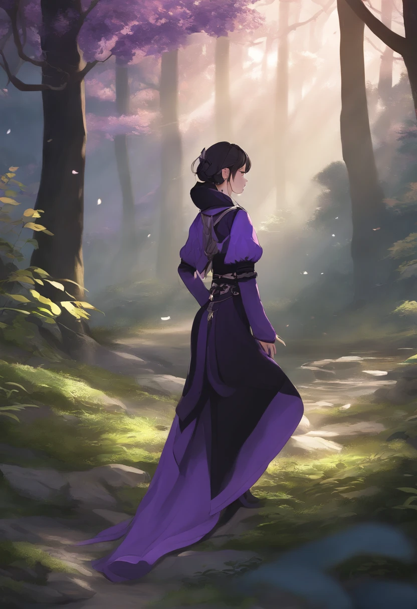 anime girl in a purple and black outfit standing in front of a forest, keqing from genshin impact, zhongli from genshin impact, heise jinyao, ayaka genshin impact, anime moe artstyle, black - haired mage, demon slayer rui fanart, ayaka game genshin impact, yun ling, inspired by Song Maojin
