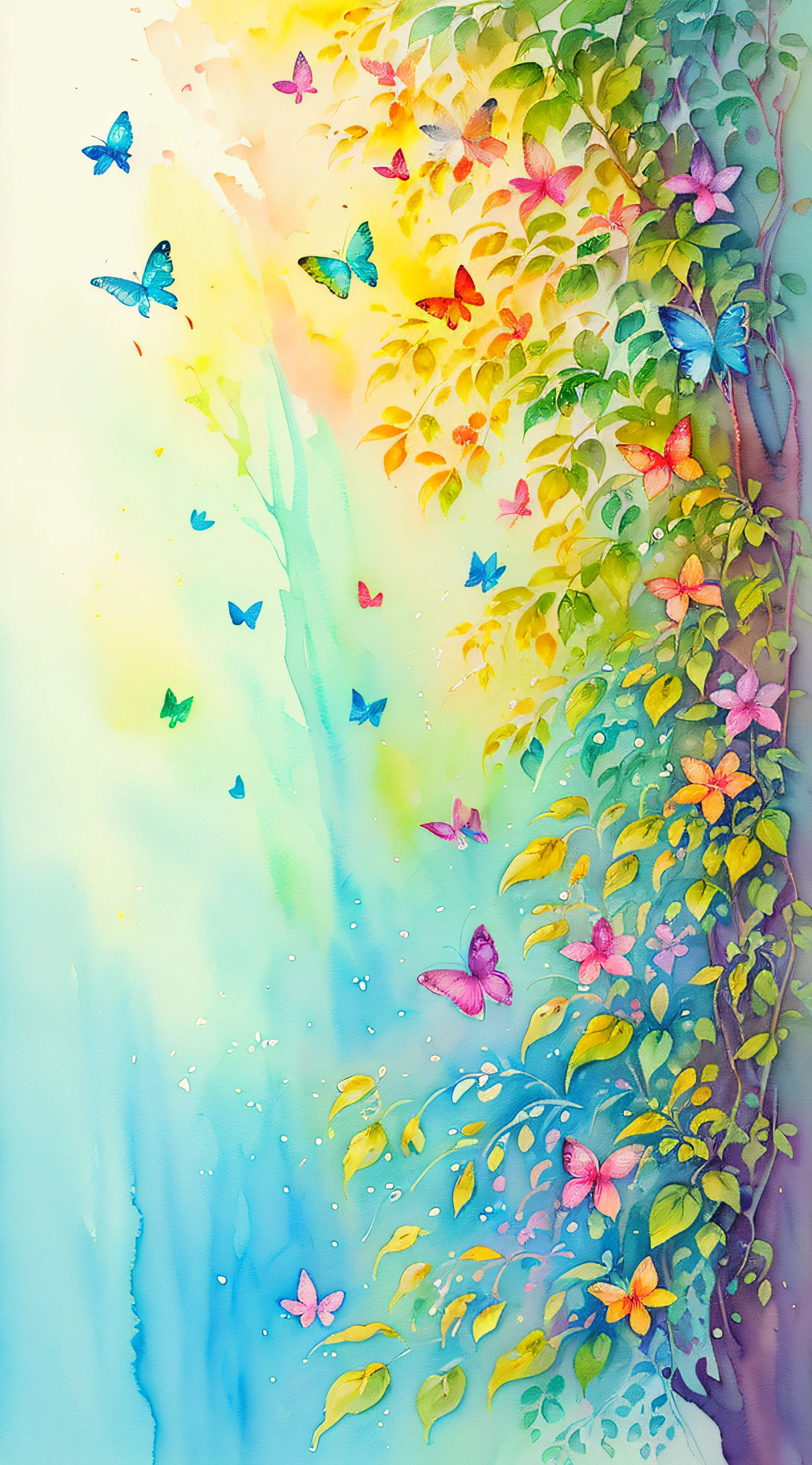 (aquarelle,painting of a,Plants fly around,harmony of butterfly,art work,A beautiful artwork illustration,Beautiful digital illustration,Beautiful and gorgeous,beautiful digital painting,In the style of the characters,In the style of painting,Butterfly,Fresh art,Exquisite digital illustration,Butterflies and sunlight、watercolor paiting)