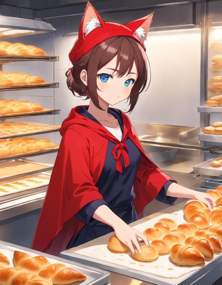 ((Cat's ears)),((Baseball hat)),((Wearing a red cloak)),Black underwear,Clear blue eyes,A talented baker who meticulously forms the best dough for flaky pastries. The image is、Shows a well-equipped bakery with stainless steel countertops and a set of baking tools. Baker, Young man with radiant smile々Shishi Woman, Roll out the dough with a wooden rolling pin, Show off her expertise. The aroma of baked goods fills the air. In the background、Trays of golden croissants and delicately woven Danish pastries are chilled on racks. This photo is、Encapsulates the precision and skills required for the art of pastry making. photographed:Claire Ptak,