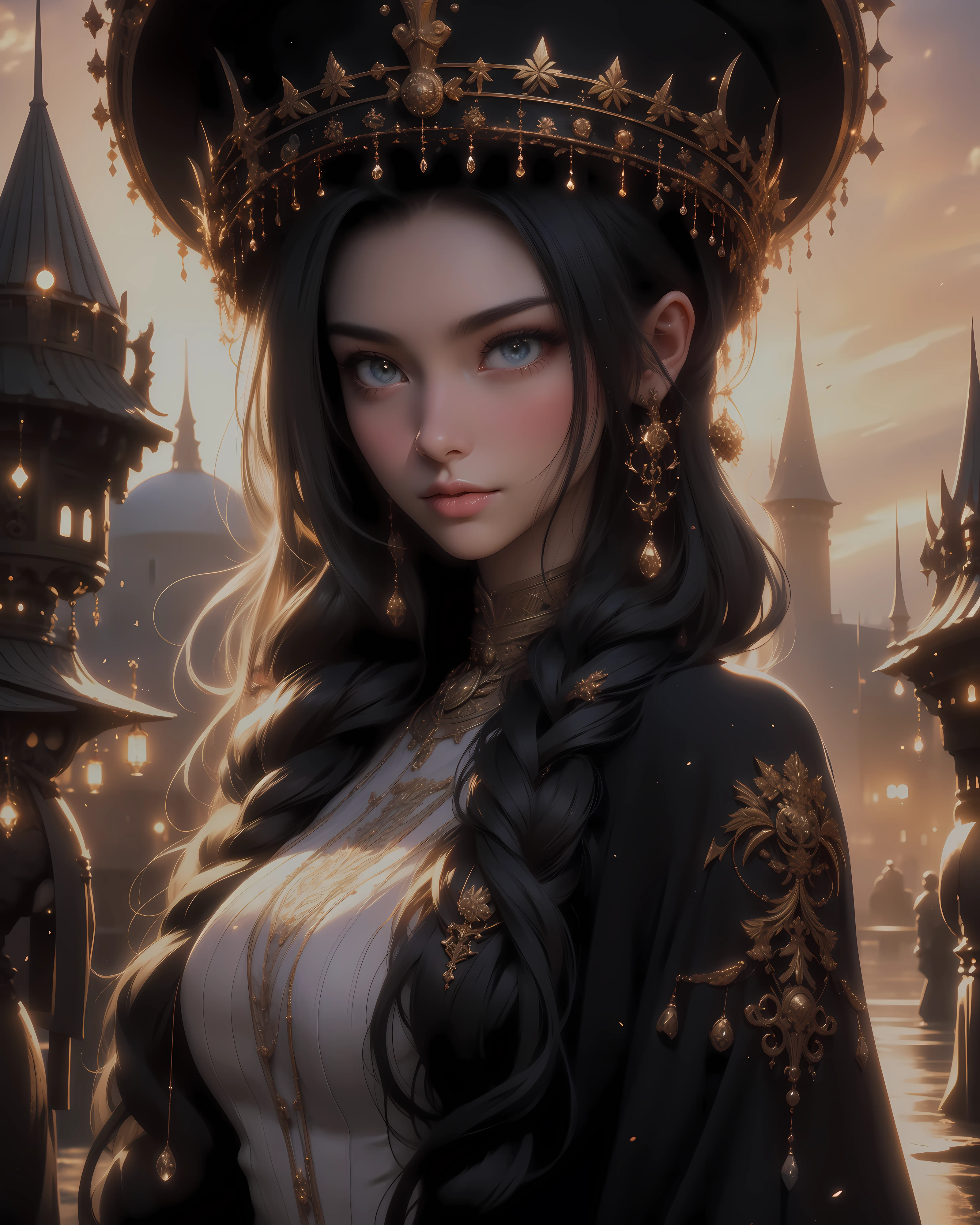 Medium shot, medium shot, depth of field, bust, upper body, cinematic angle, masterpiece, best quality, super detailed, CG, 8K wallpaper, pretty face, delicate eyes, a maiden, solo, white long hair, yellow eyes, hairpin, white shirt, black hooded jacket, black baseball cap, black stockings, black over-the-knee boots, sunset, medieval port, harbor, detailed water surface, sun reflection