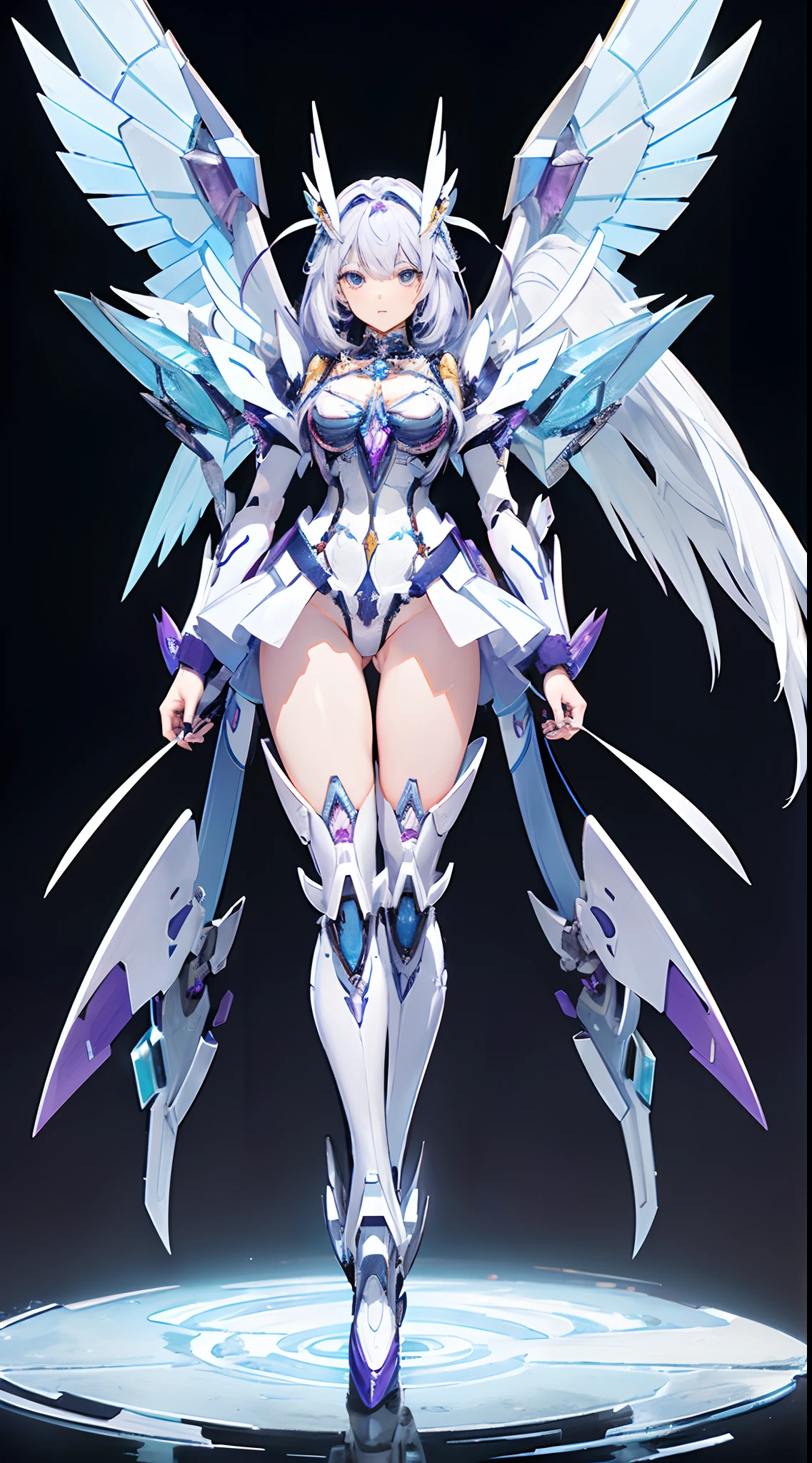 ((8K)), ((32K)), ((top-quality)), ((​masterpiece)), ((超A high resolution)), ((T-Mastepiece)), detailed skin textures, Detailed Cloth Texture, Detailed metal texture、((beautifull detailed face))、Raw photo、proffesional, Ultra-fine painting, ((独奏)), ((Woman dressed as Mecha Angel)), beutiful breast, concept-art, anime fantasy artwork, detailed fantasy art, (with pale blue-violet hair and large white wings,), (((Twin-tailed))), (mechs:1.6)Sleek and menacing design, ((Armament of the commander-in-chief)), Pure white and blue-violet armor, symmetrical wings, 8k high quality detailed art, 3D rendering of character art in 8K, defined legs, Defined, defined fingers, NSFW