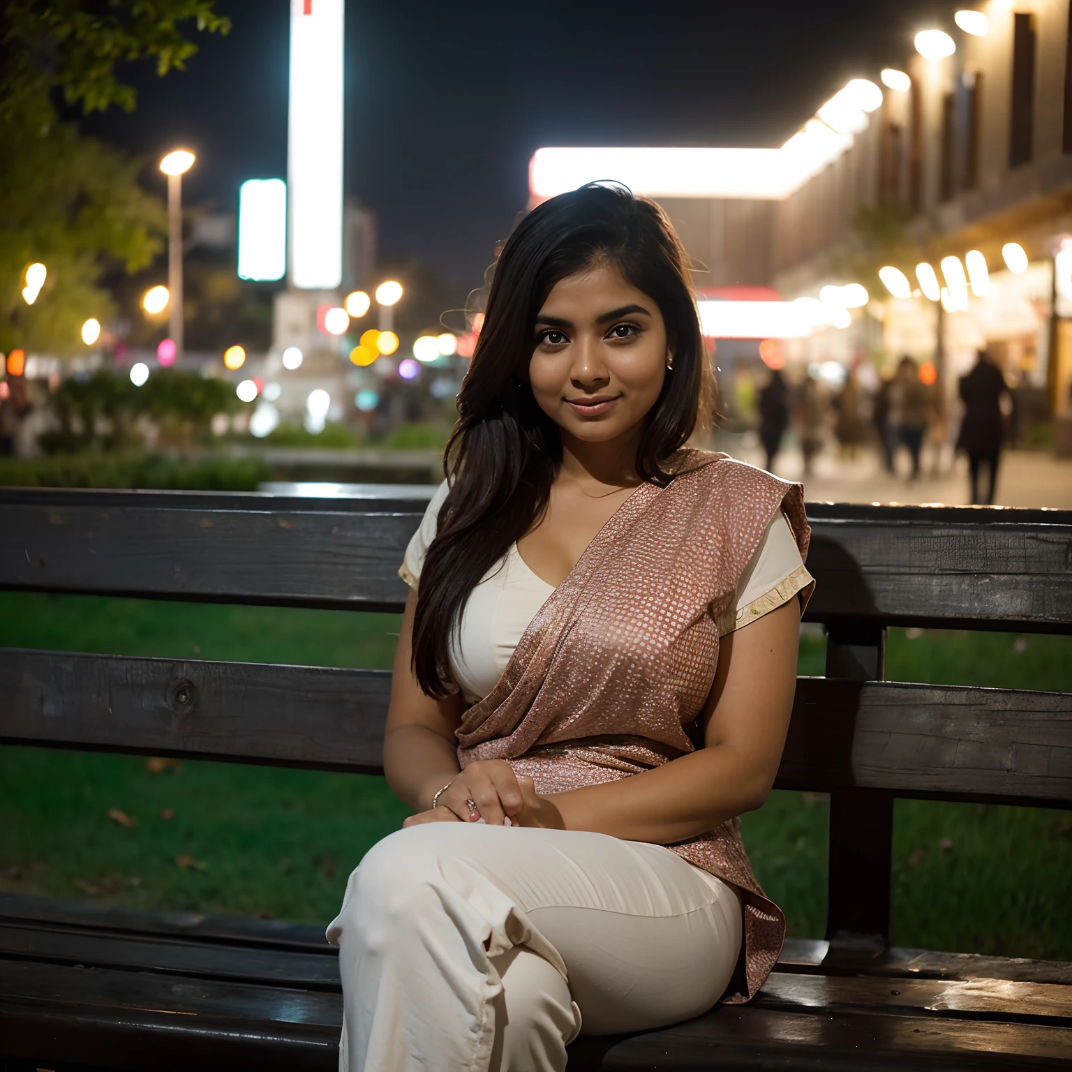 an overcast lighting (closeup:1.15) (medium shot portrait:0.6) mobile photography , shot on a mobile, big breasts, photograph of a beautiful indian woman sitting in a park bench, night time, night city lights, city buildings in the background, wearing a trouser outfit, looking at me, coy slight smile