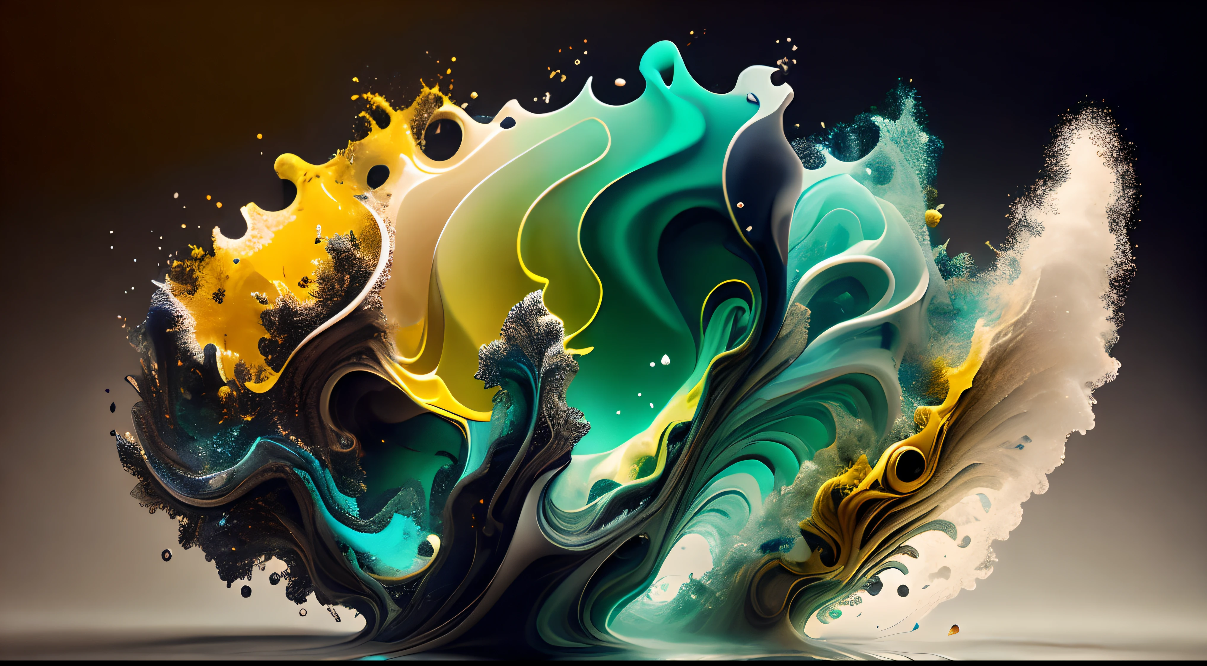 Obra de Arte abstracto en movimiento.Arte de Alberto Severo. Un primer plano de chorros y corrientes de metales preciosos fundidos que chocan entre si y forman , inmensas cantdades de gotas y chorros metalicos de oro, plata, cobre mercurio, que burbujean ,explotan ,remolinean y fluyen y ocupan todo el espacio, nubes de fluidos de colores metalicos dorados, plateados, cobrizos brillantes y tornasolados,burbujas tornasoladas, ,remolinos de gotas tornasoladas que giran y escapan.Crea una fascinante obra de arte abstracta con un enfoque en la fluidez y el movimiento. Utilice una paleta de colores rica y diversa, Blend tones seamlessly to evoke a sense of continuous movement, Background of psychedelic fuids in motion. Arte de los fluidos en movimiento
