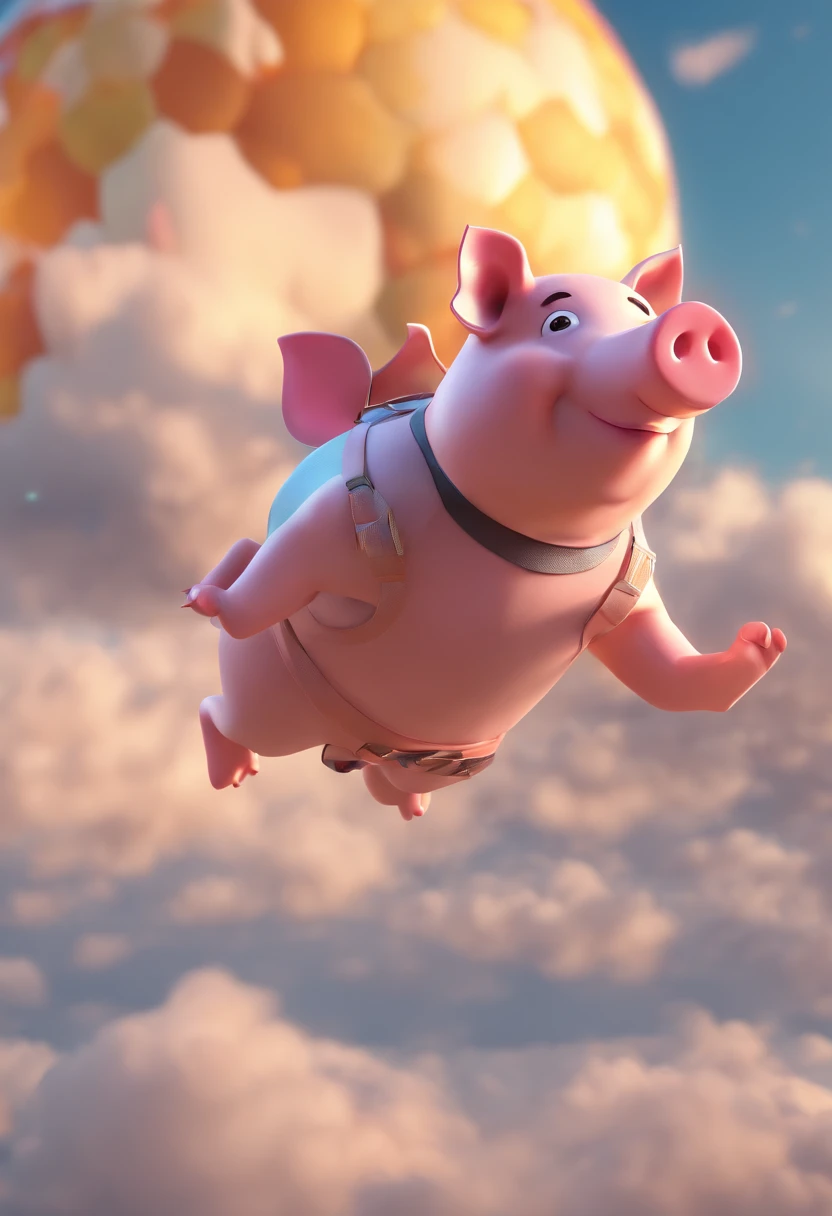 A pig flies in the sky,pigs ,​​clouds,Brilliant colors,Colorful,Wings,Young and energetic,Flying ham,Flying pigs,Master composition,hyper HD, Masterpiece, Super detail, High details, High quality, Award-Awarded, Best quality, A high resolution, 8K