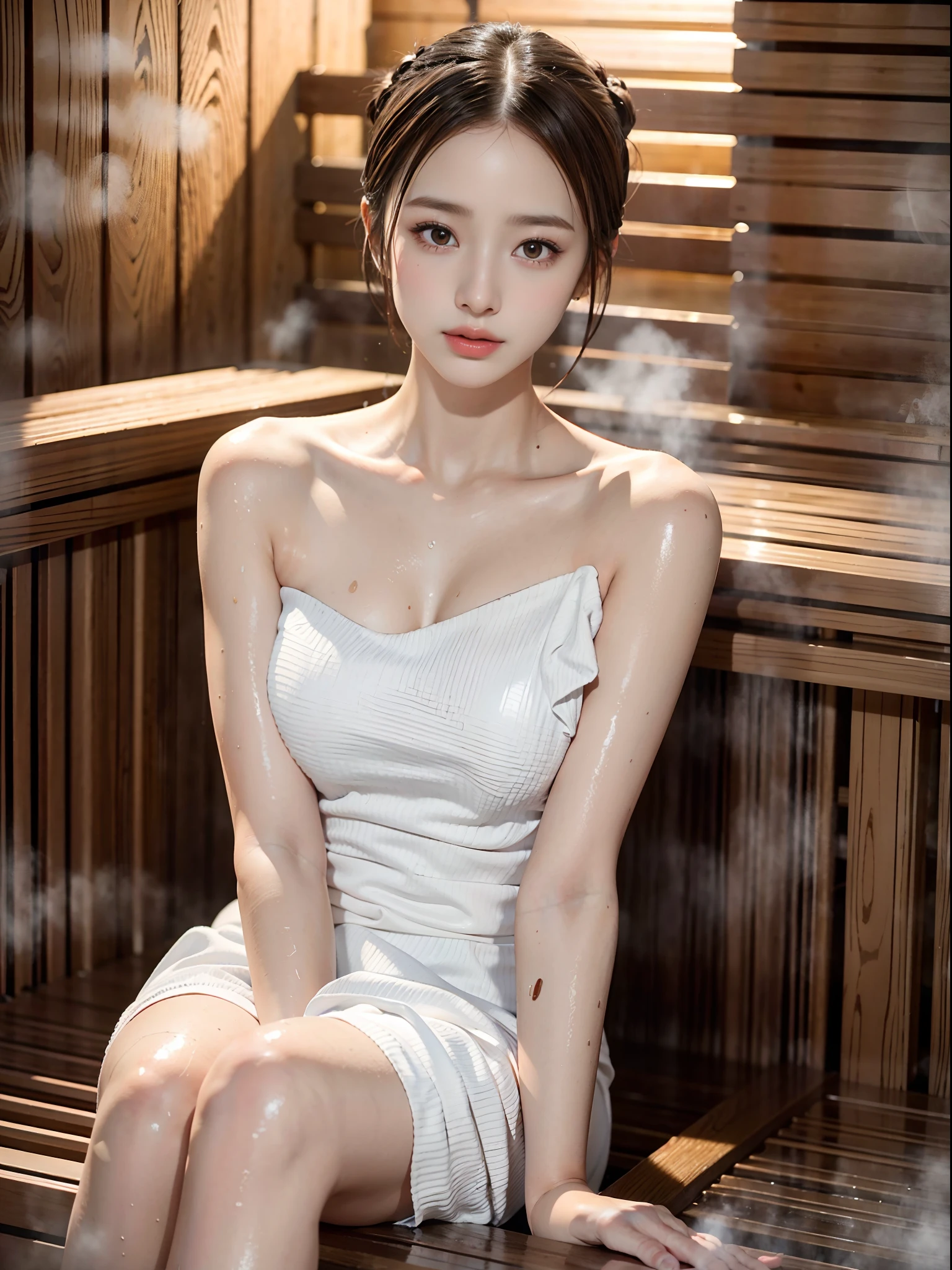 (Realistic:1.2), Beautiful woman, 1 woman, Small breasts:1.2, Slender body:1.1, ((sauna)), (Wet body), (White Big Size Towel Dress Strapless):1.3, (ultra-delicate face, Super Beautiful Maid, Super delicate eyes, Ultra-detailed nose, Ultra detailed mouth, Ultra-detailed facial features), (Hair bun, Single braid, dark brown hair), sitting on, Fully realistic body, Bright lighting