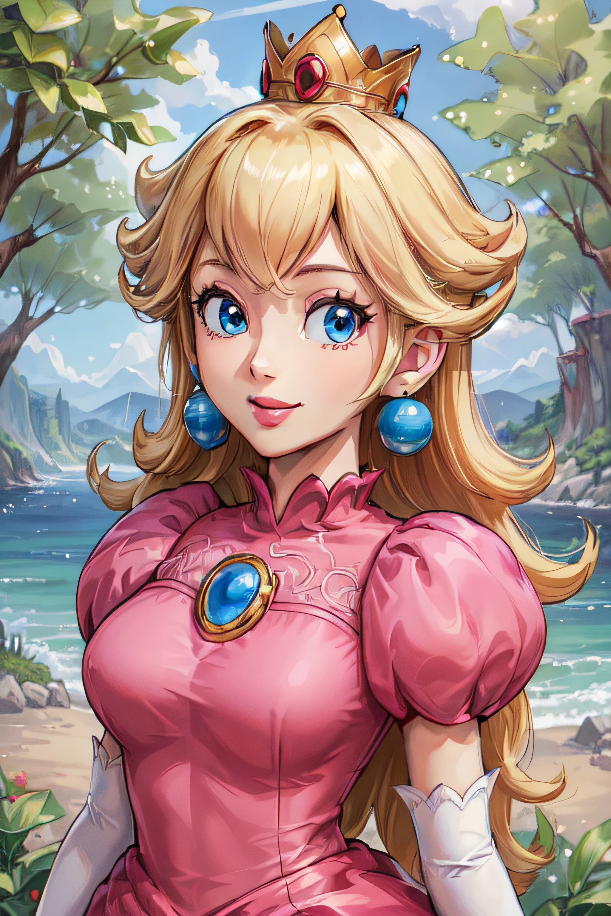 ((high detailed, best quality, 4k, masterpiece, hd:1.3)), pch, pink dress, chest fully covered, brooch, puffy sleeves, short sleeves, smile, lipstick, smooth skin, elbow gloves, earrings, crown, grass plains, upper body, close-up,