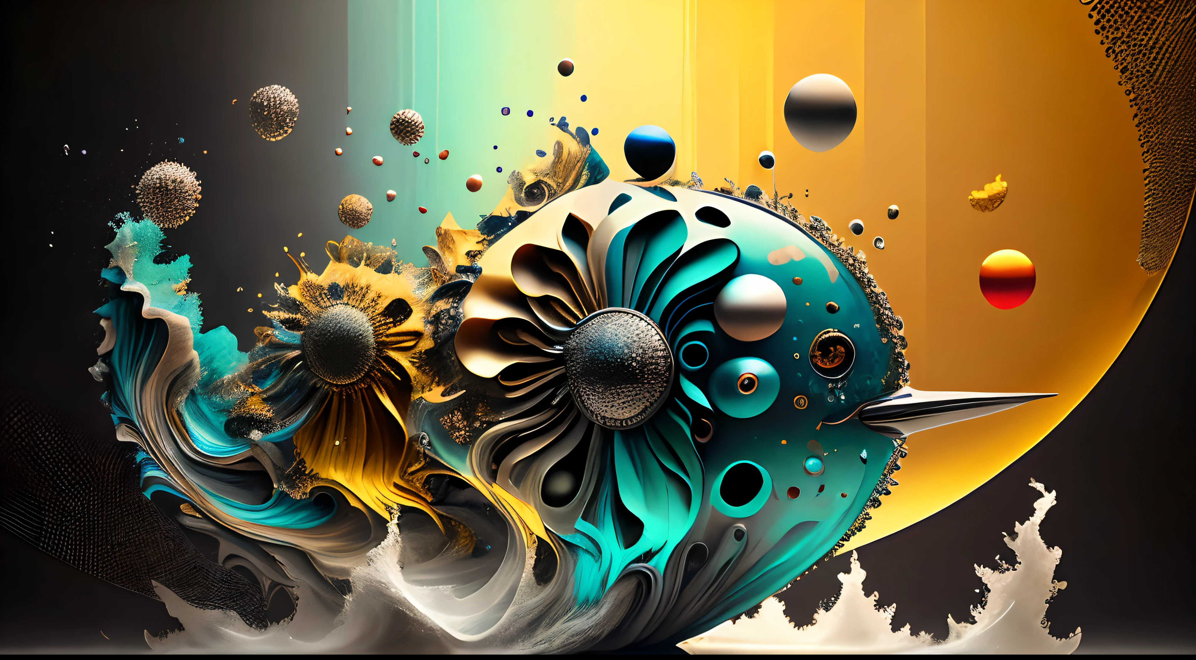 Obra de Arte abstracto en movimiento.Arte de Alberto Severo. Un primer plano de chorros y corrientes de metales preciosos fundidos que chocan entre si y forman , inmensas cantdades de gotas y chorros metalicos de oro, plata, cobre mercurio, que burbujean ,explotan ,remolinean y fluyen y ocupan todo el espacio, nubes de fluidos de colores metalicos dorados, plateados, cobrizos brillantes y tornasolados,burbujas tornasoladas, ,remolinos de gotas tornasoladas que giran y escapan.Crea una fascinante obra de arte abstracta con un enfoque en la fluidez y el movimiento. Utilice una paleta de colores rica y diversa, Blend tones seamlessly to evoke a sense of continuous movement, Background of psychedelic fuids in motion. Arte de los fluidos en movimiento