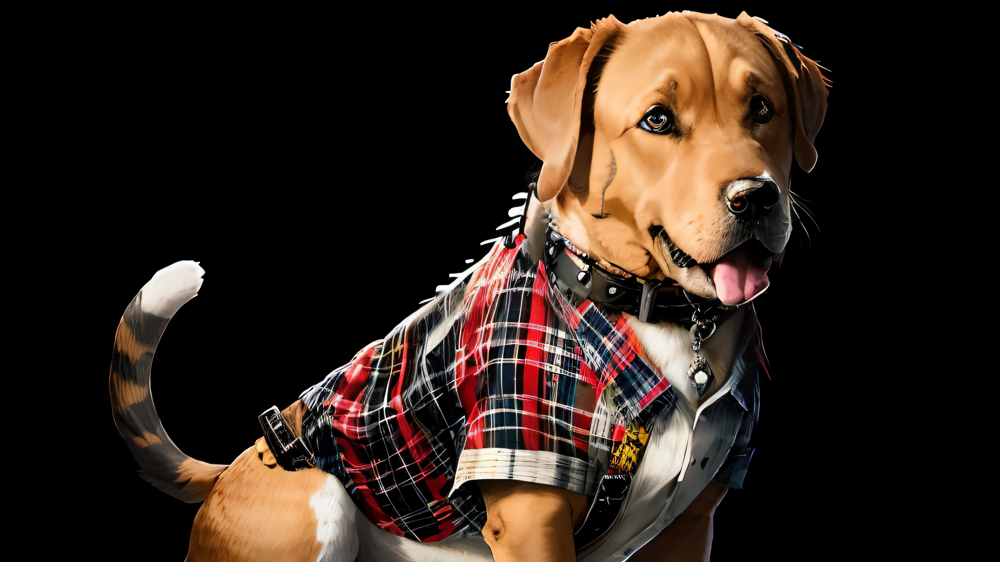 Image of cute Labrador retriever with plaid shirt, Art Season Trends, dressed in punk clothing, hyper realistic detailed rendering, British gang members, Urban style, Intimidating posture, Cat Planet, fashionable attire, Samurai City, meow, West Slavic features, 8 1 5
