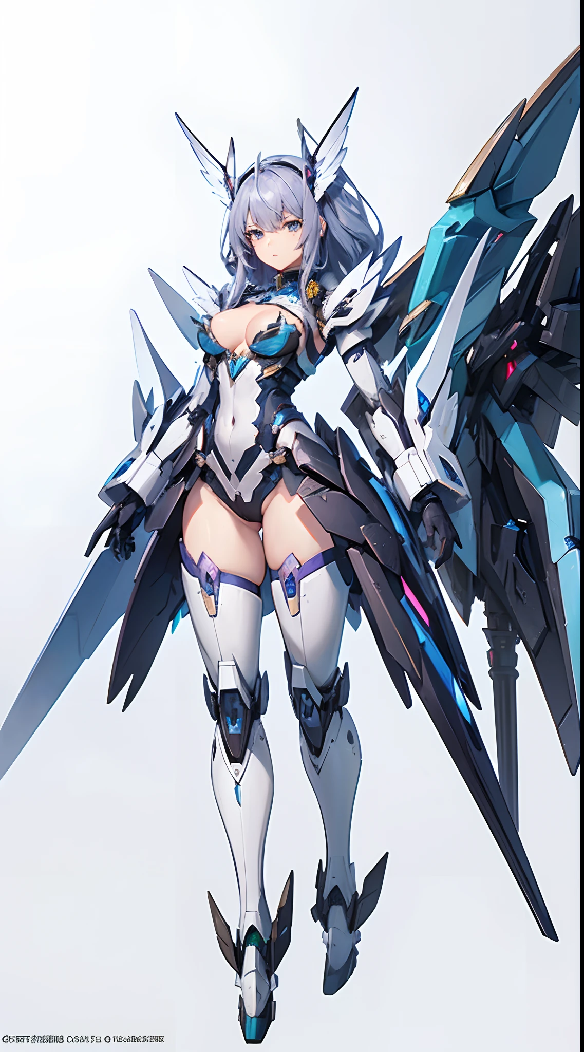 ((8K)), ((32K)), ((top-quality)), ((masterpiece)), ((超A high resolution)), ((T-Mastepiece)), detailed skin textures, Detailed Cloth Texture, Detailed metal texture、((beautifull detailed face))、Raw photo、proffesional, Ultra-fine painting, ((独奏)), ((Woman dressed as Mecha Angel)), beutiful breast, concept-art, anime fantasy artwork, detailed fantasy art, (with pale blue-violet hair and large white wings,), (((Twin-tailed))), (mechs:1.6)Sleek and menacing design, ((Armament of the commander-in-chief)), Pure white and blue-violet armor, symmetrical wings, 8k high quality detailed art, 3D rendering of character art in 8K, defined legs, Defined, defined fingers, NSFW