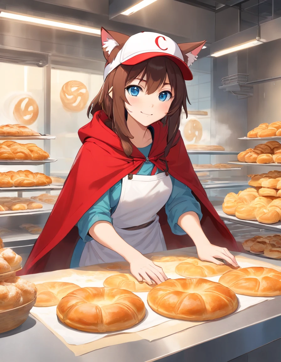 ((Cat's ears)),((Wearing a baseball hat)),((Wearing a red cloak)),Black underwear,Clear blue eyes,A talented baker who meticulously forms the best dough for flaky pastries. The image is、Shows a well-equipped bakery with stainless steel countertops and a set of baking tools. Baker, Young man with radiant smile々Shishi Woman, Roll out the dough with a wooden rolling pin, Show off her expertise. The aroma of baked goods fills the air. In the background、Trays of golden croissants and delicately woven Danish pastries are chilled on racks. This photo is、Encapsulates the precision and skills required for the art of pastry making. photographed:Claire Ptak,