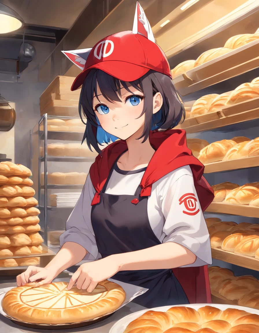 ((Cat's ears)),((Wearing a baseball hat)),((Wearing a red cloak)),Black underwear,Clear blue eyes,A talented baker who meticulously forms the best dough for flaky pastries. The image is、Shows a well-equipped bakery with stainless steel countertops and a set of baking tools. Baker, Young man with radiant smile々Shishi Woman, Roll out the dough with a wooden rolling pin, Show off her expertise. The aroma of baked goods fills the air. In the background、Trays of golden croissants and delicately woven Danish pastries are chilled on racks. This photo is、Encapsulates the precision and skills required for the art of pastry making. photographed:Claire Ptak,
