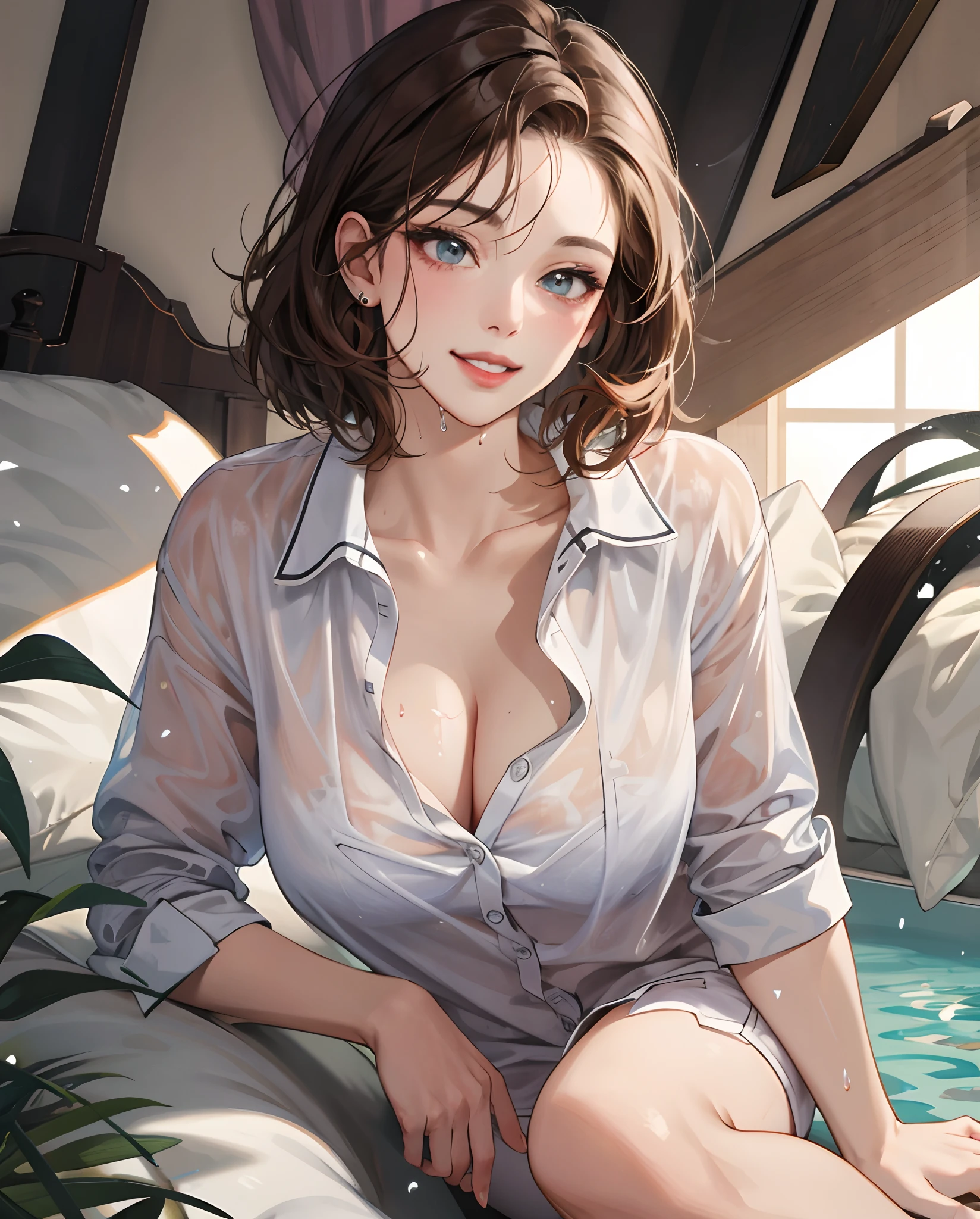 (Top quality, Masterpiece: 1.3), Girls: 1, Sexy: 1.5, bob hair, Brown hair: 1.3, (Wet body: 1.2), pyjamas, Beautiful, cleavage, hyperdetailed face, Detailed lips, Detailed eyes, Double eyelids, Sexy, Smile, Beautiful legs