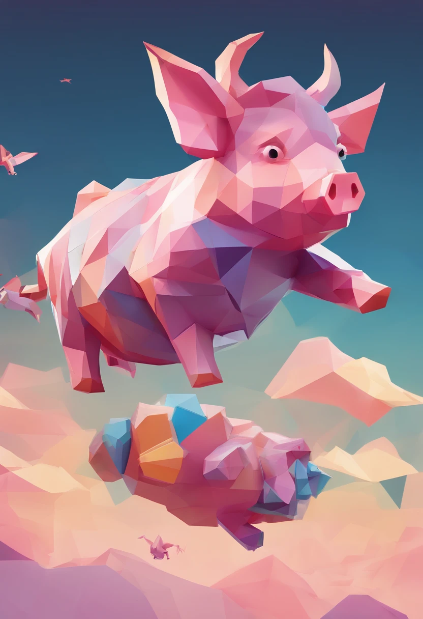 A pig flies in the sky,pigs ,clouds,Brilliant colors,Colorful,Wings,Young and energetic,Flying ham,Flying pigs ,Look up,Master composition,hyper HD, Masterpiece, Super detail, High details, High quality, Award-Awarded, Best quality, A high resolution, 8K