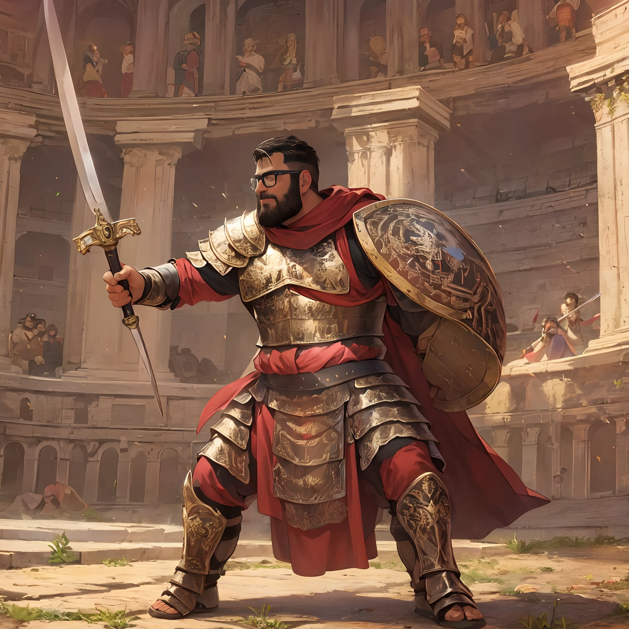 David, male, short beard, glasses, brown skin, chubby, wearing gladiator armor, leather armor, fighting stance, holding a short sword, in a colosseum,