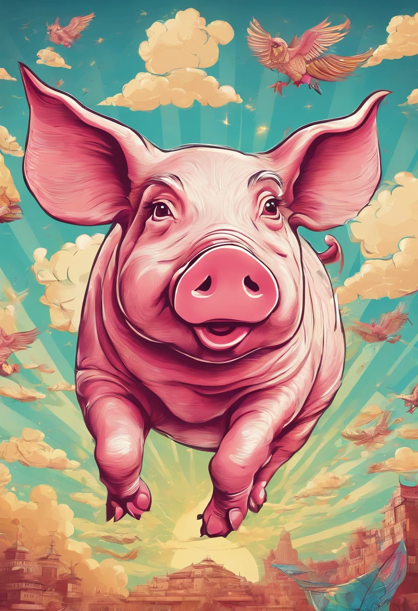 A pig flies in the sky,pigs ,​​clouds,Brilliant colors,Colorful,Wings,Young and energetic,Flying ham,Flying pigs ,Look up,Master composition,hyper HD, Masterpiece, Super detail, High details, High quality, Award-Awarded, Best quality, A high resolution, 8K