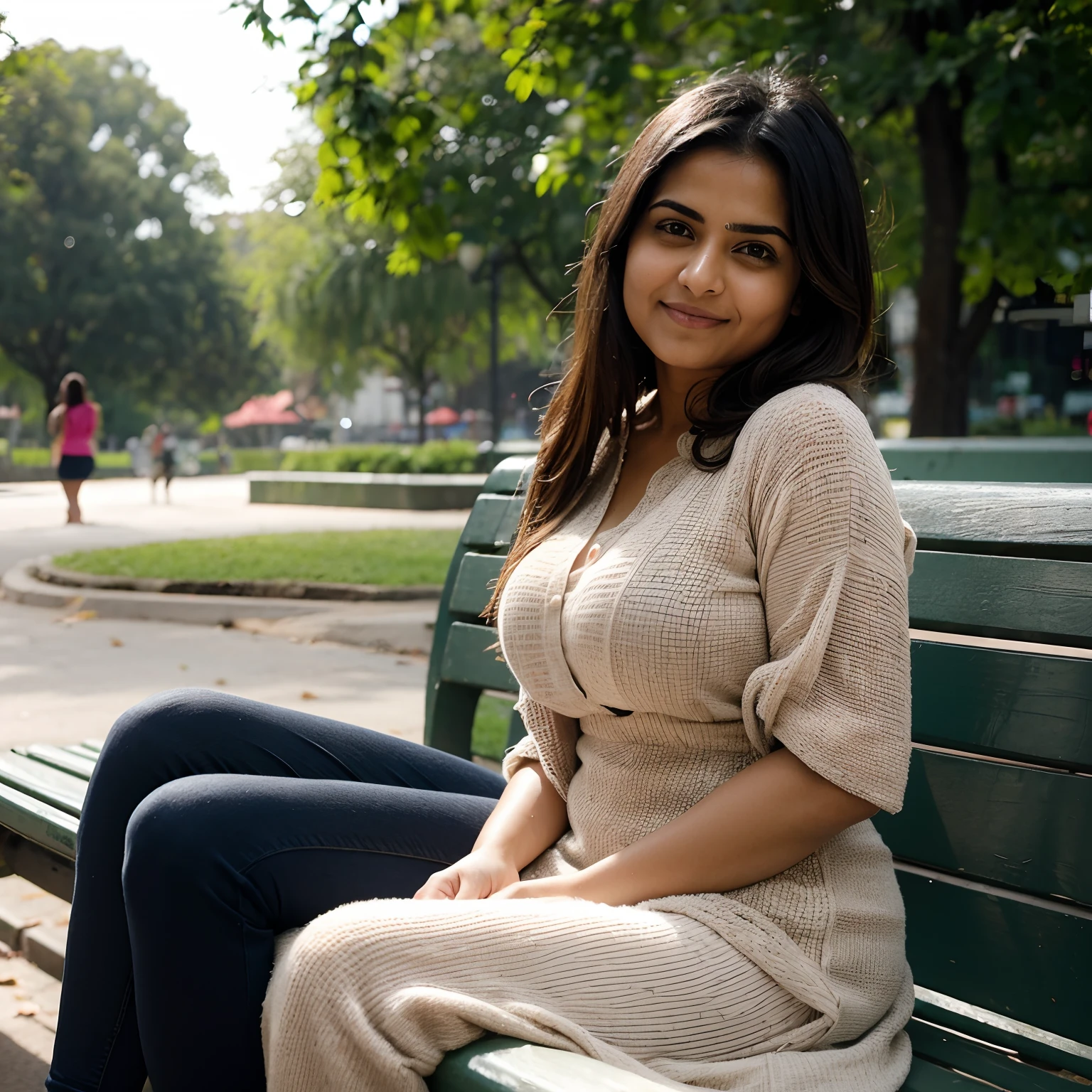 an overcast lighting (closeup:1.15) (medium shot portrait:0.6) mobile photography , shot on a mobile, big breasts, photograph of a beautiful indian woman sitting in a park bench, afternoon time, sun lights, city buildings in the background, wearing a trouser outfit, looking at me, coy slight smile