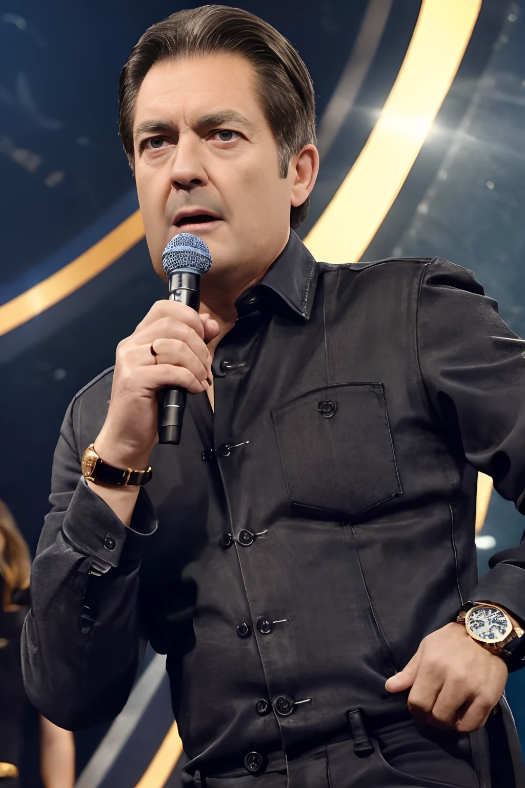 best quality, masterpiece, (photorealistic:1.4), 1 man, back audience, wearing a black denim suit, old, holding a microphone, wearing a giant gold watch,