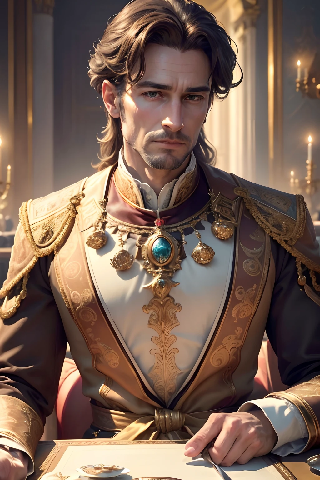 (best quality,4k,8k,highres,masterpiece:1.2),ultra-detailed,(realistic,photorealistic,photo-realistic:1.37),royal men sitting at a table,majestic,luxurious,detailed faces,richly decorated table,ornate dining room,expensive porcelain dishes,velvet tablecloth,golden candlesticks,antique chandeliers,opulent