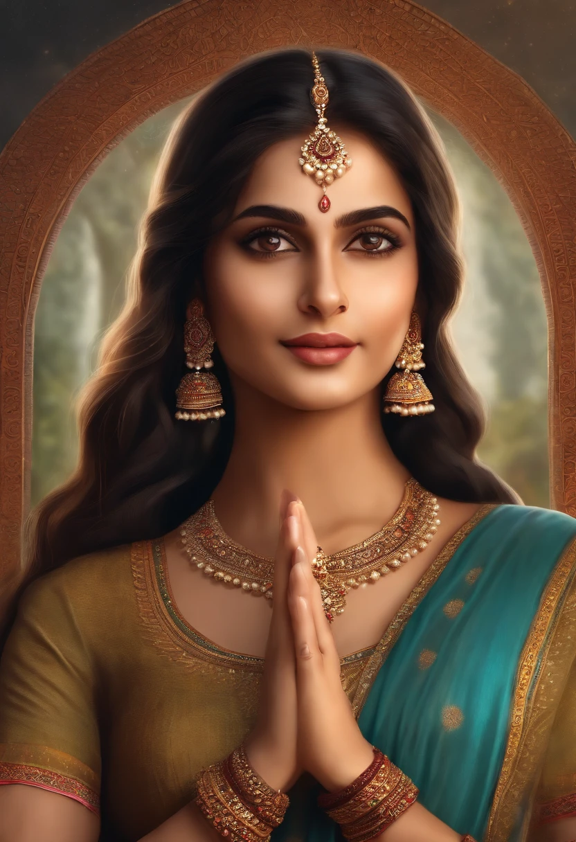 Beautiful ,23 years young girl,confident looking,8k,realistic,dark brown hair,fair skin, indian,long hair,clear facial features,clapping hands,saying namaste,wearing kurta and dupatta