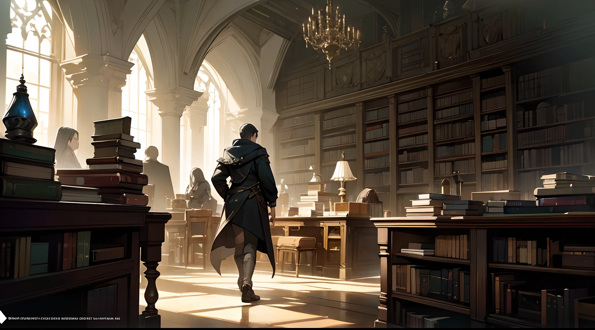 there is a picture of a book store with a man walking through it, gothic epic library concept, gothic epic library, gothic library, library of ruina concept art, ancient library, books cave, magic library, an eternal library, gloomy library, dusty library, alchemist library background, borne space library artwork, vast library, castle library, dark library, endless books