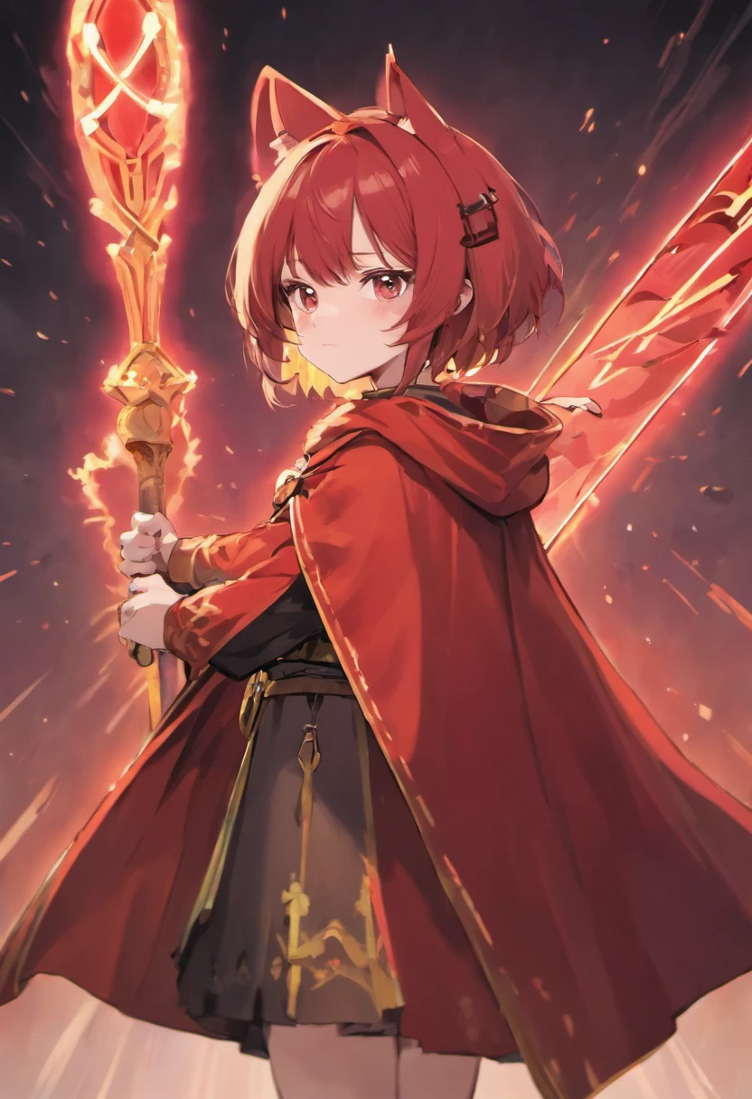 rakuten,((Wearing a red cloak)),cat ear,baseball field,s girl,Holding a bat,brownish colors,short-hair