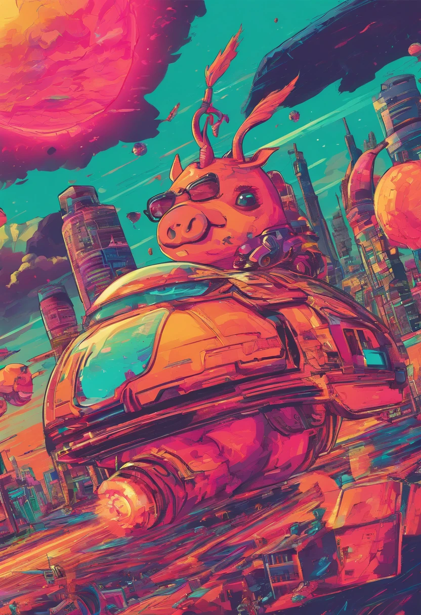 A pig flies in the sky,pigs ,​​clouds,Brilliant colors,Colorful,Wings,Young and energetic,Flying ham,Flying pigs ,Look up,Master composition,hyper HD, Masterpiece, Super detail, High details, High quality, Award-Awarded, Best quality, A high resolution, 8K