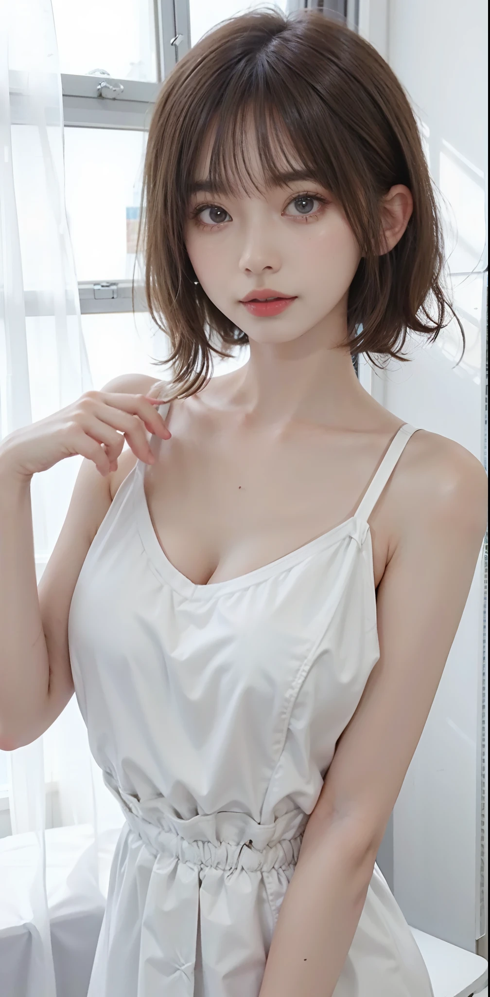 a female school teacher, very thin, pale white skin, visible bones, wet sweat, very slender body