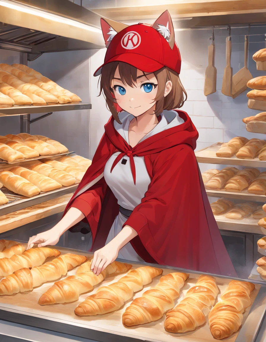 ((Cat's ears)),((Wearing a baseball cap)),((Wearing a red cloak)),Black underwear,Clear blue eyes,A talented baker who meticulously forms the best dough for flaky pastries. The image is、Shows a well-equipped bakery with stainless steel countertops and a set of baking tools. Baker, Young man with radiant smile々Shishi Woman, Roll out the dough with a wooden rolling pin, Show off her expertise. The aroma of baked goods fills the air. In the background、Trays of golden croissants and delicately woven Danish pastries are chilled on racks. This photo is、Encapsulates the precision and skills required for the art of pastry making. photographed:Claire Ptak,