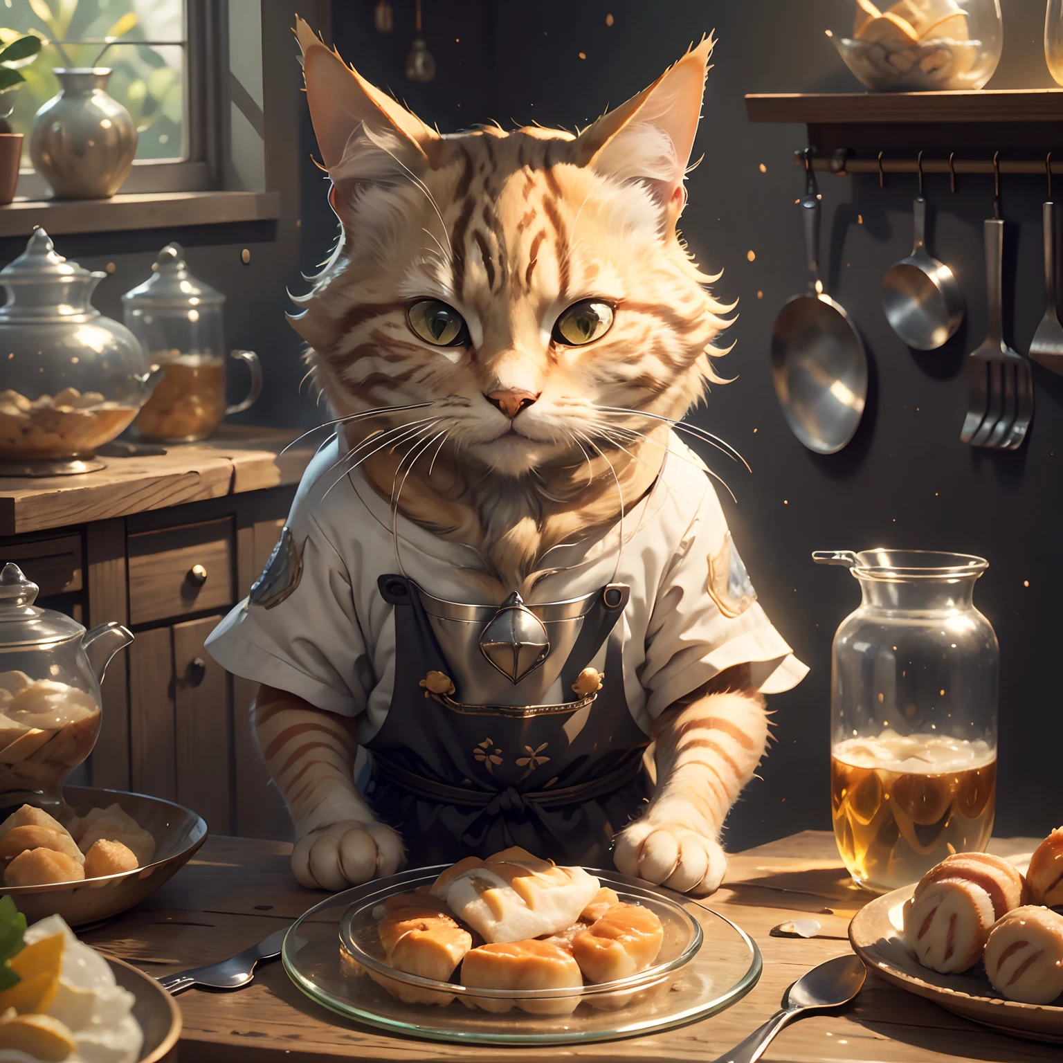 Close up Olei tabby cat preparing food on table:1.2), (c4ttitude:1.3), In Glasstech Kitchen, Hyperrealistic intricate detail, (Ambiguous:1.1), Baisho's Perspective