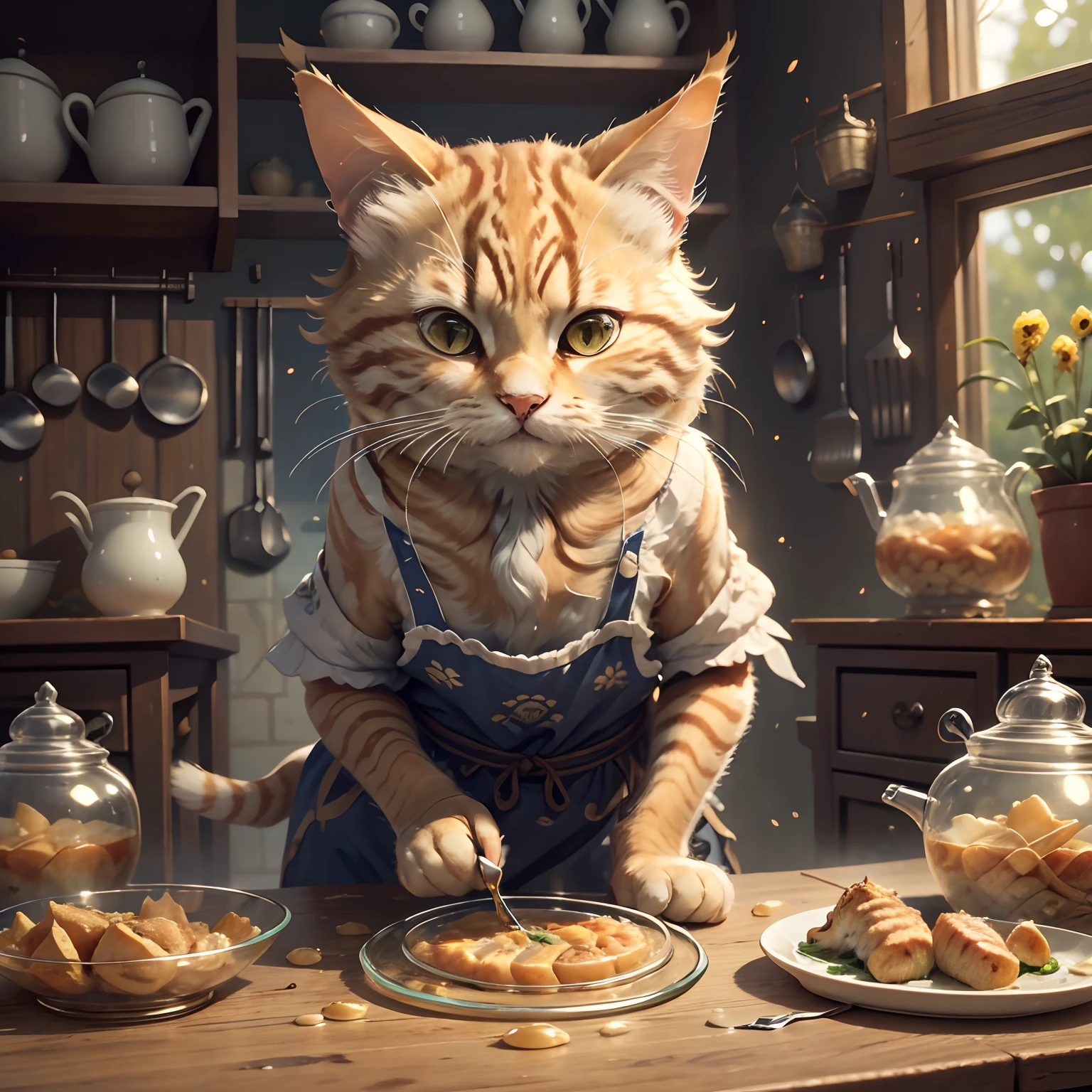 Close up Olei tabby cat preparing food on table:1.2), (c4ttitude:1.3), In Glasstech Kitchen, Hyperrealistic intricate detail, (Ambiguous:1.1), Baisho's Perspective