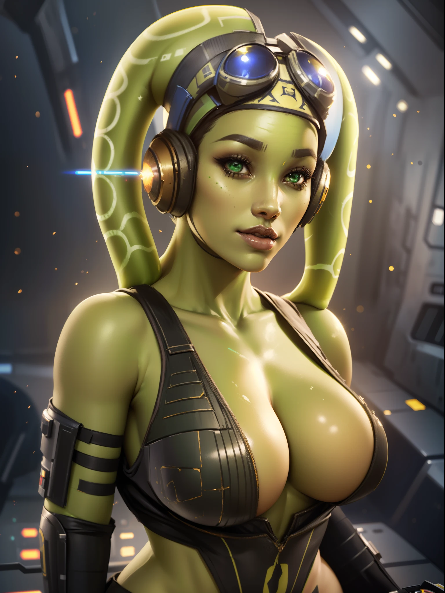 A sexy (star wars Twi'lek:1.2), (hera syndulla), (two head tails), (star wars), (huge natural boobs), cleavage, realistic green skin, sexy, perfect, realistic, perfect anatomy, 8k, (best quality), (masterpiece), wearing rebel fight pilot clothes, close up, beautiful, gorgeous