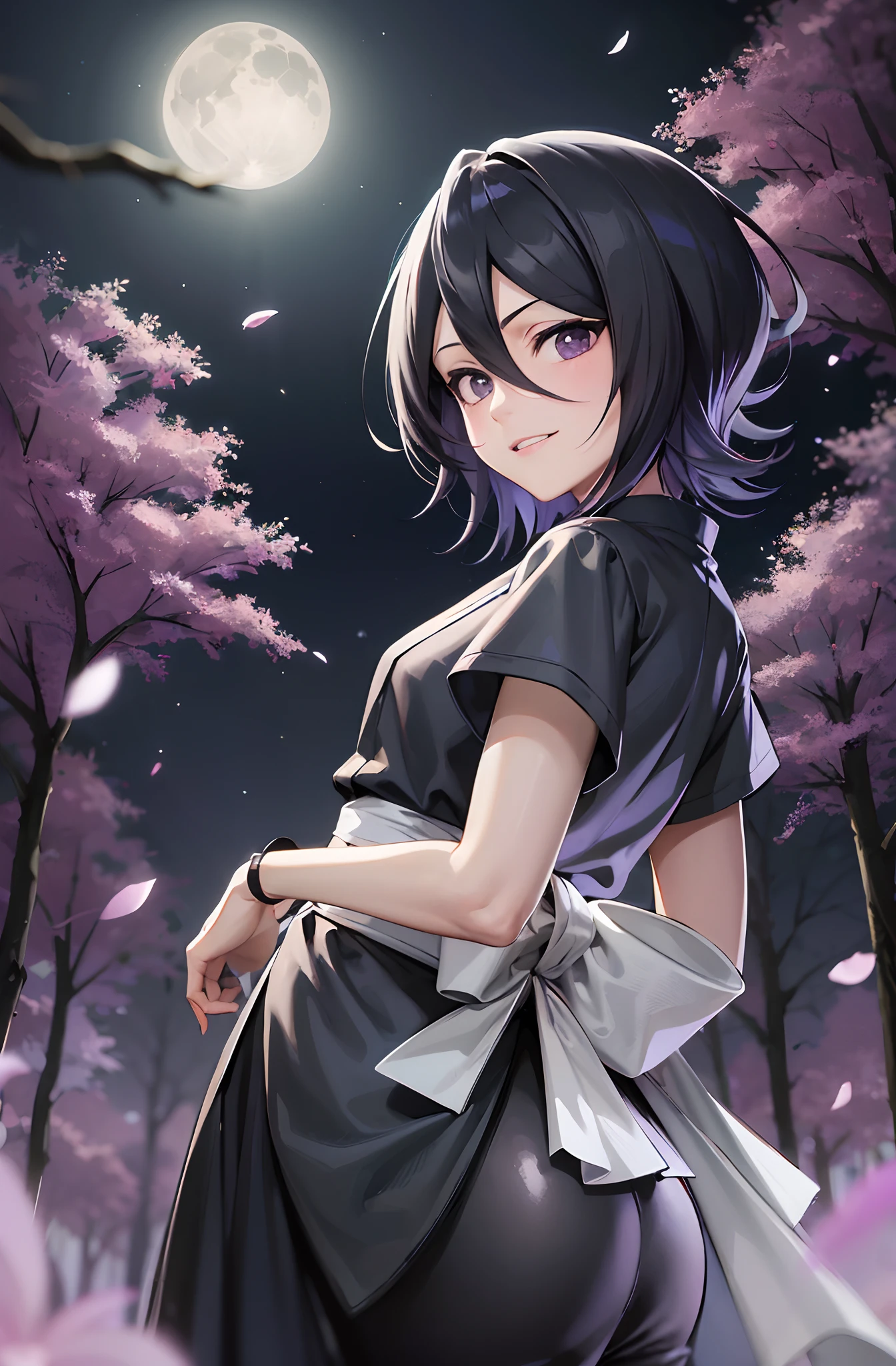 (masutepiece, Best Quality:1.2), Cowboy Shot, Solo, female focus, 1girll, Rukia Kuchiki,slight smile, Looking at Viewer, Black hair, Purple eyes, komono, Black kimono