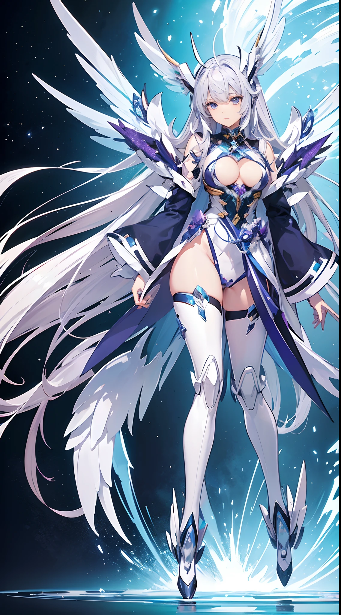 ((8K)), ((32K)), ((top-quality)), ((masterpiece)), ((超A high resolution)), ((T-Mastepiece)), detailed skin textures, Detailed Cloth Texture, Detailed metal texture、((beautifull detailed face))、Raw photo、proffesional, Ultra-fine painting, ((独奏)), ((Woman dressed as Mecha Angel)), beutiful breast, concept-art, anime fantasy artwork, detailed fantasy art, (with pale blue-violet hair and large white wings,), (((Twin-tailed))), (mechs:1.6)Sleek and menacing design, ((Armament of the commander-in-chief)), Pure white and blue-violet armor, symmetrical wings, 8k high quality detailed art, 3D rendering of character art in 8K, defined legs, Defined, defined fingers, NSFW