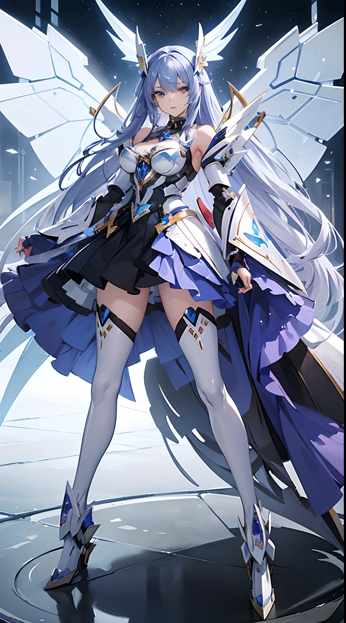 1 girl, game CG, white shirt, shoulders visible, short skirt, string hair ribbon, (gigantic breasts:1.2), light blue hair, middle hair, two side up, blue eyes, (white background:1.2), full body , toe, standing, dynamic, smile,