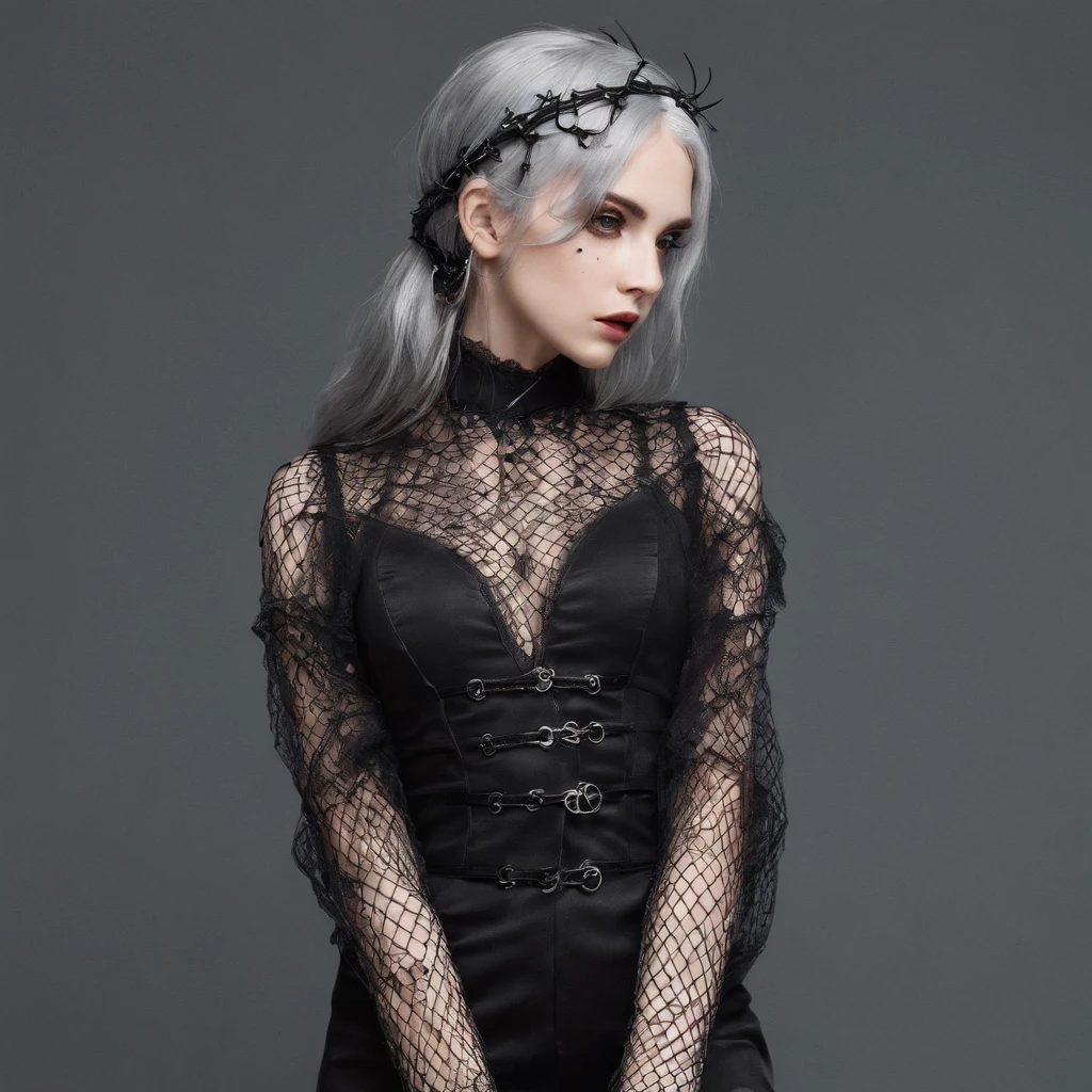 NSFW - NUDITY - Full-length photo of Girl with gothic net symbolic accessories, 。.com (Barbed wire of the body) brunette color hair，Gray hair ends