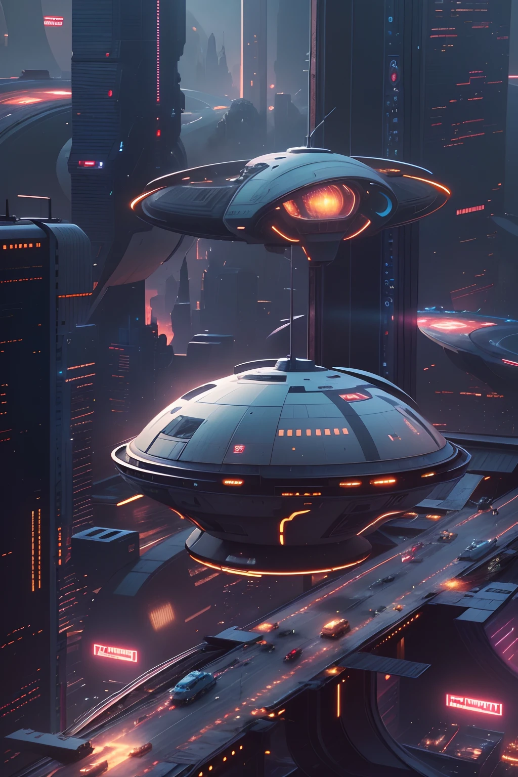 (Best quality, Masterpiece:1.2), ((( afofuturism, The sky city of the 24th century,100 years later))), A spaceship shuttling between skyscrapers, Around the bridge, Fantasy space, Hang flying saucers, heavenly body。utopian, cyber punk perssonage, Cubist futurism, Chiaroscuro, Cinematic lighting, Ray tracing, 4K, 8K